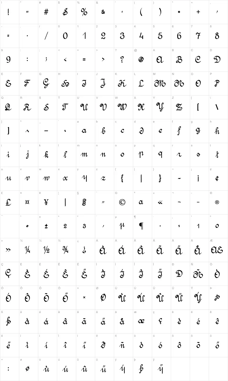 Mapa de caracteres da fonte Amptmann Script