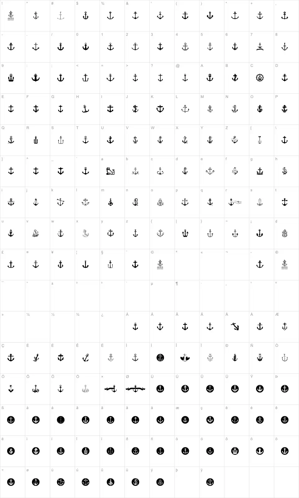 Mapa de caracteres da fonte Anchor