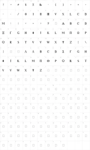 Mapa de caracteres da fonte Ancient Geek