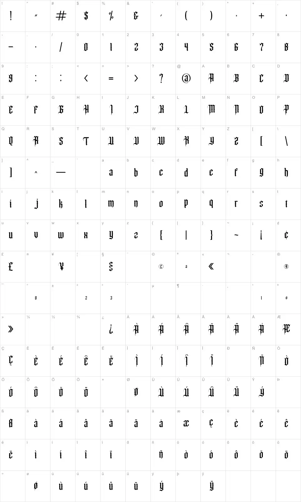 Mapa de caracteres da fonte Angel Wish