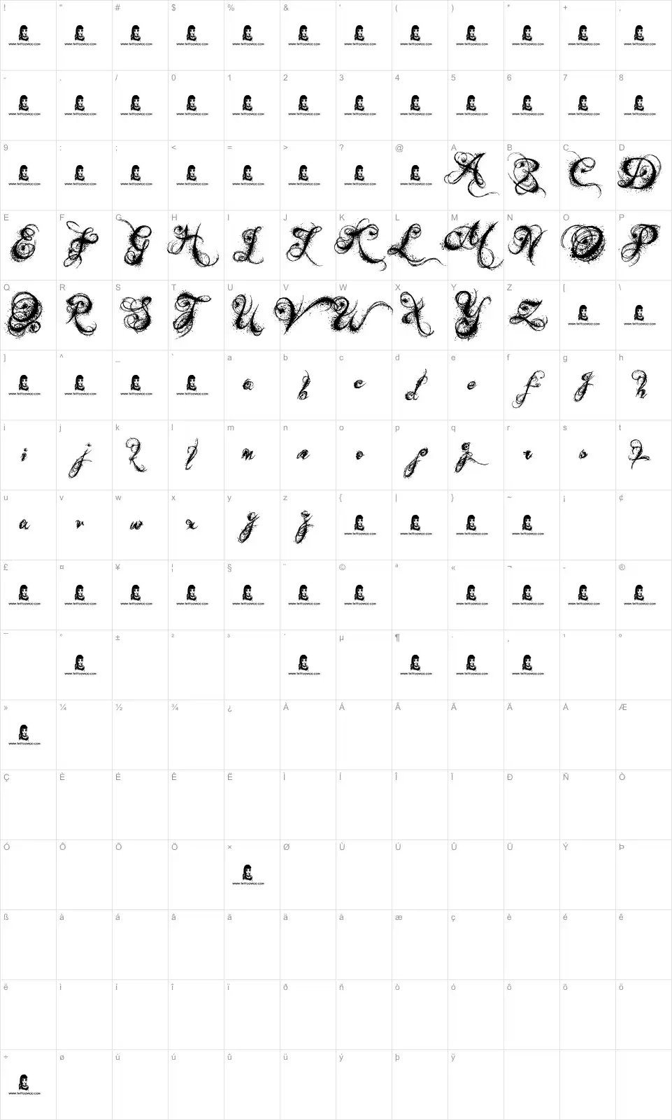 Mapa de caracteres da fonte Angels Message