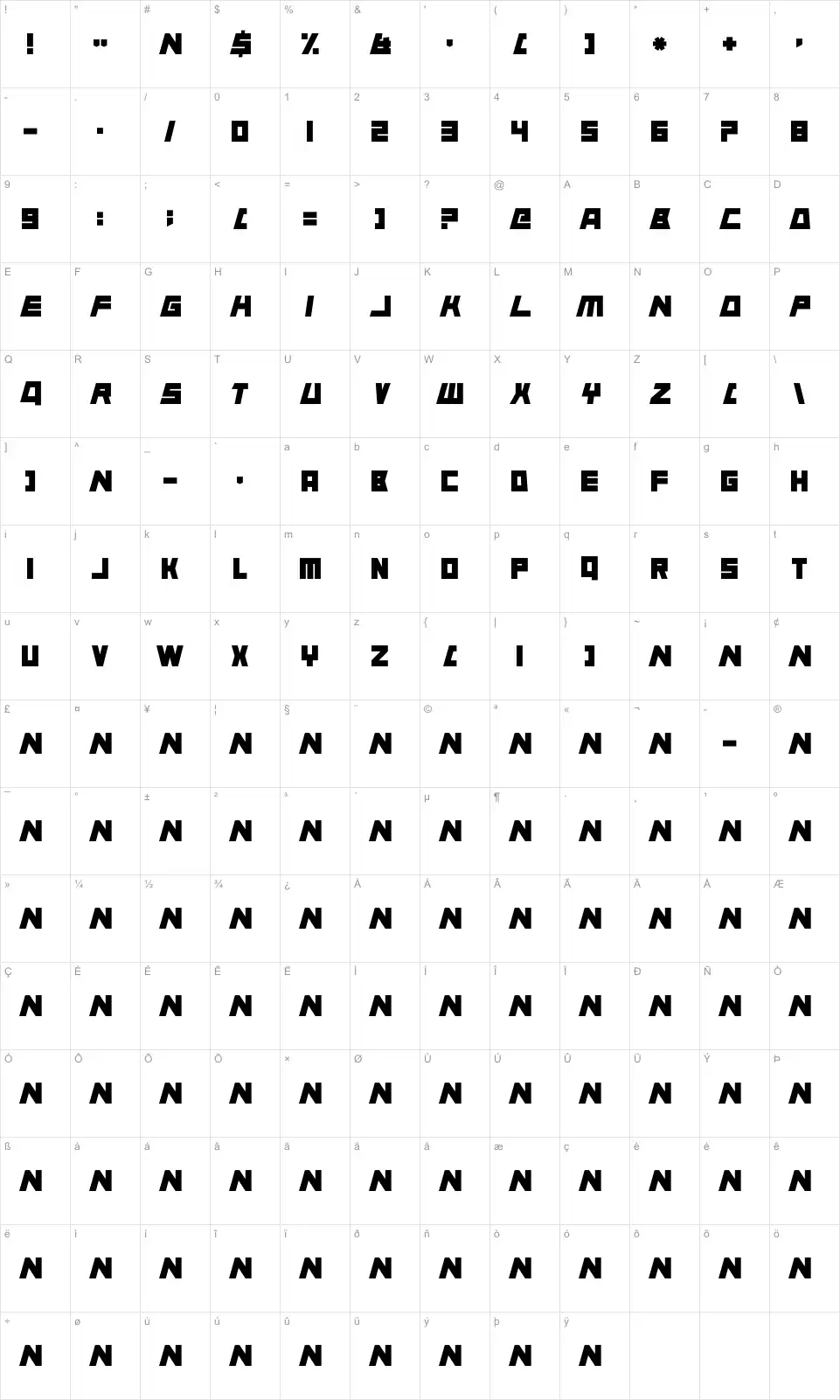 Mapa de caracteres da fonte Animal Silence