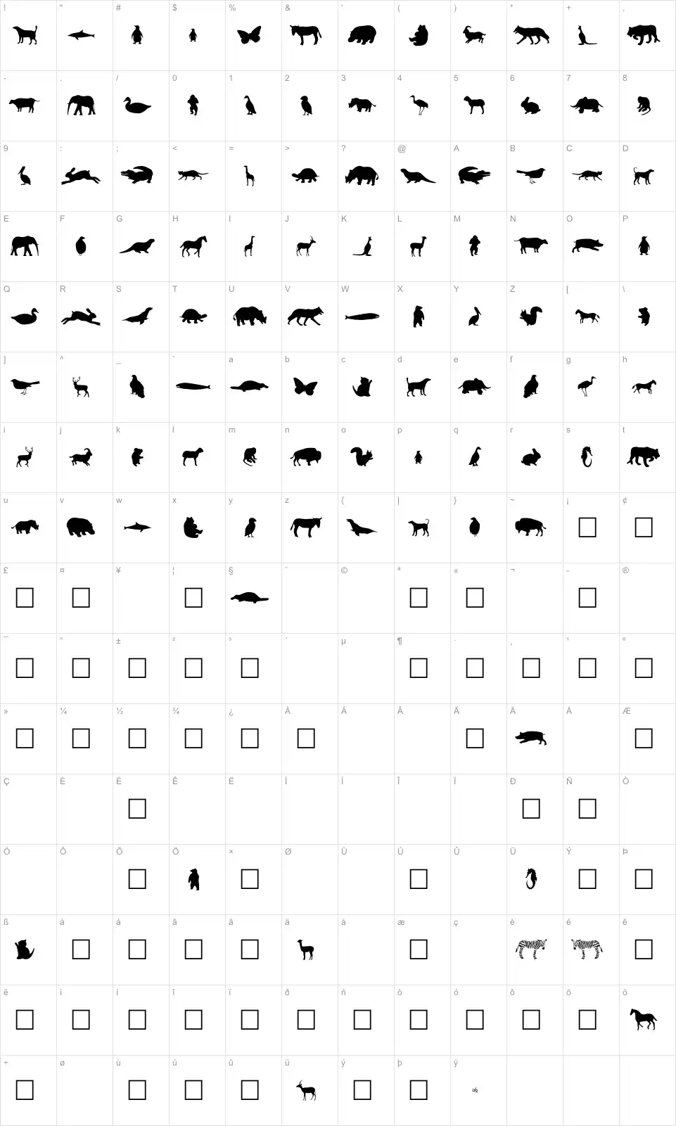 Mapa de caracteres da fonte Animals