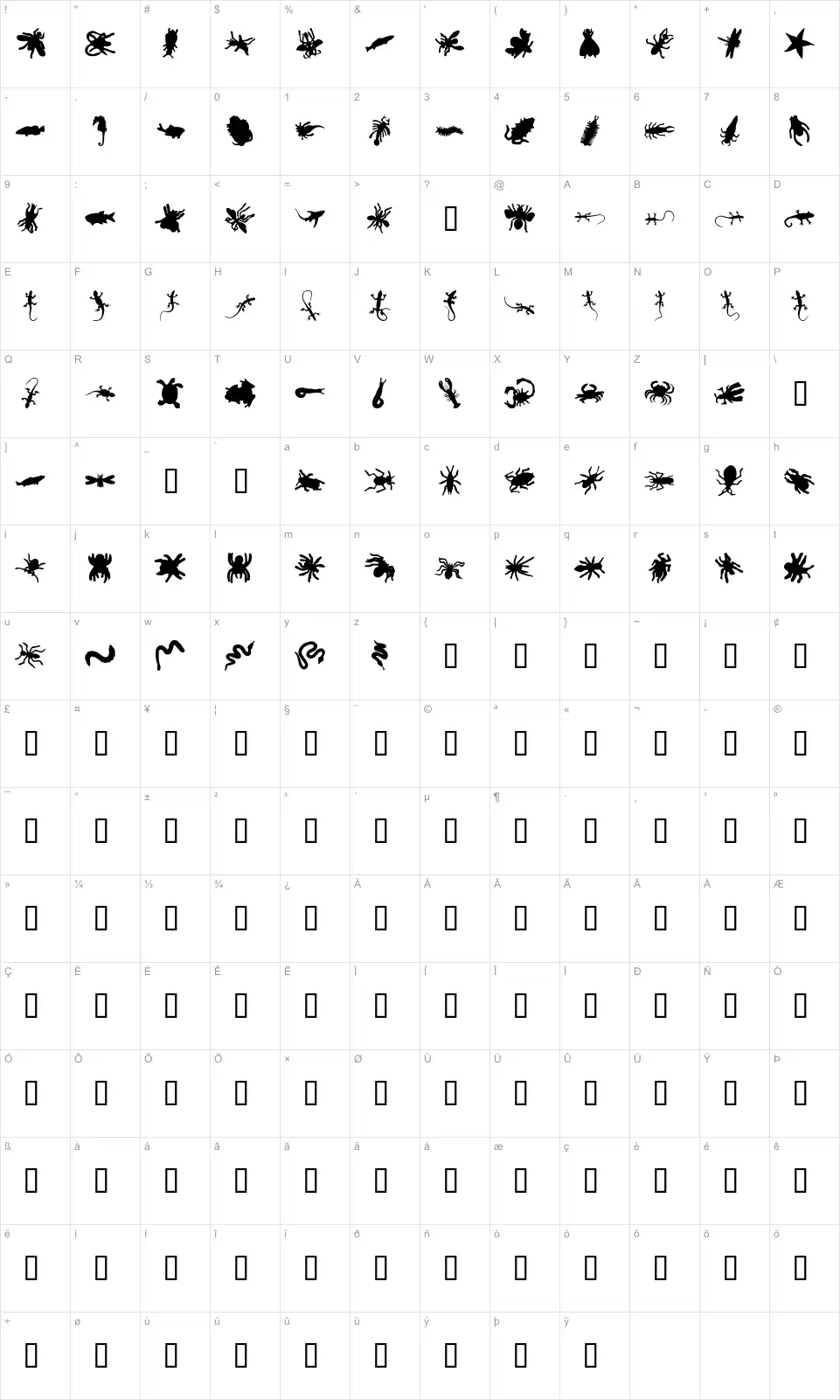 Mapa de caracteres da fonte Ann Crawlers