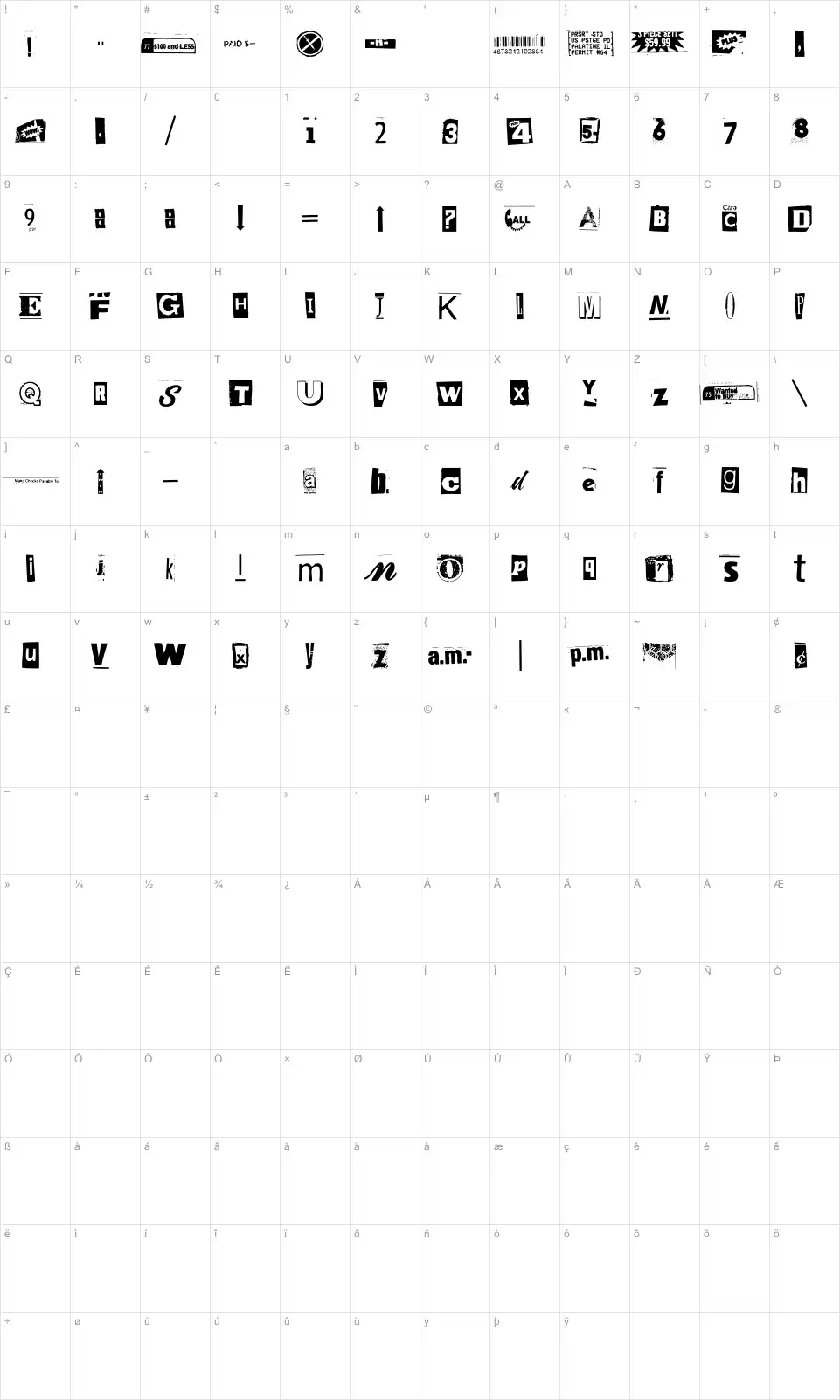 Mapa de caracteres da fonte Anonymous Clippings