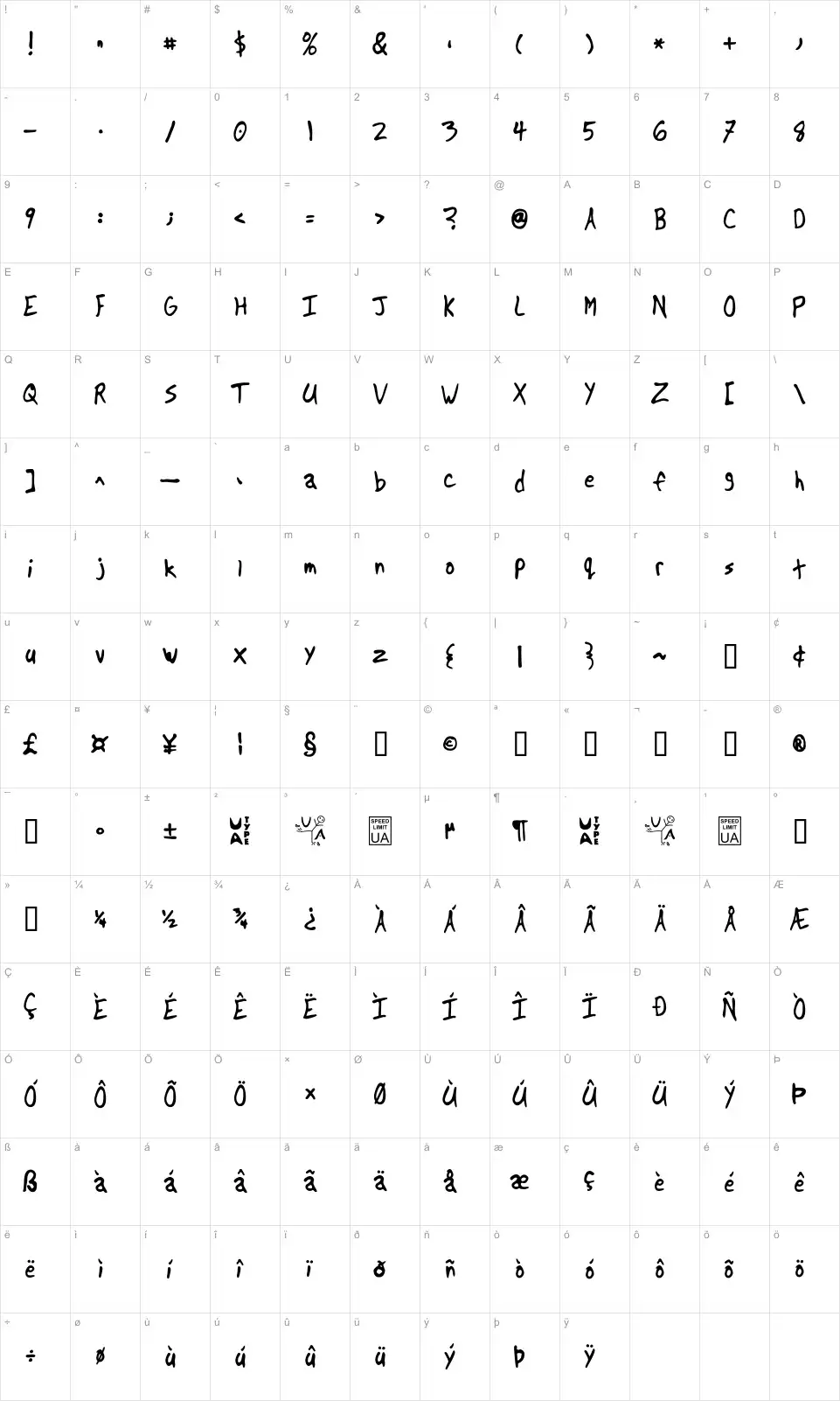 Mapa de caracteres da fonte Another