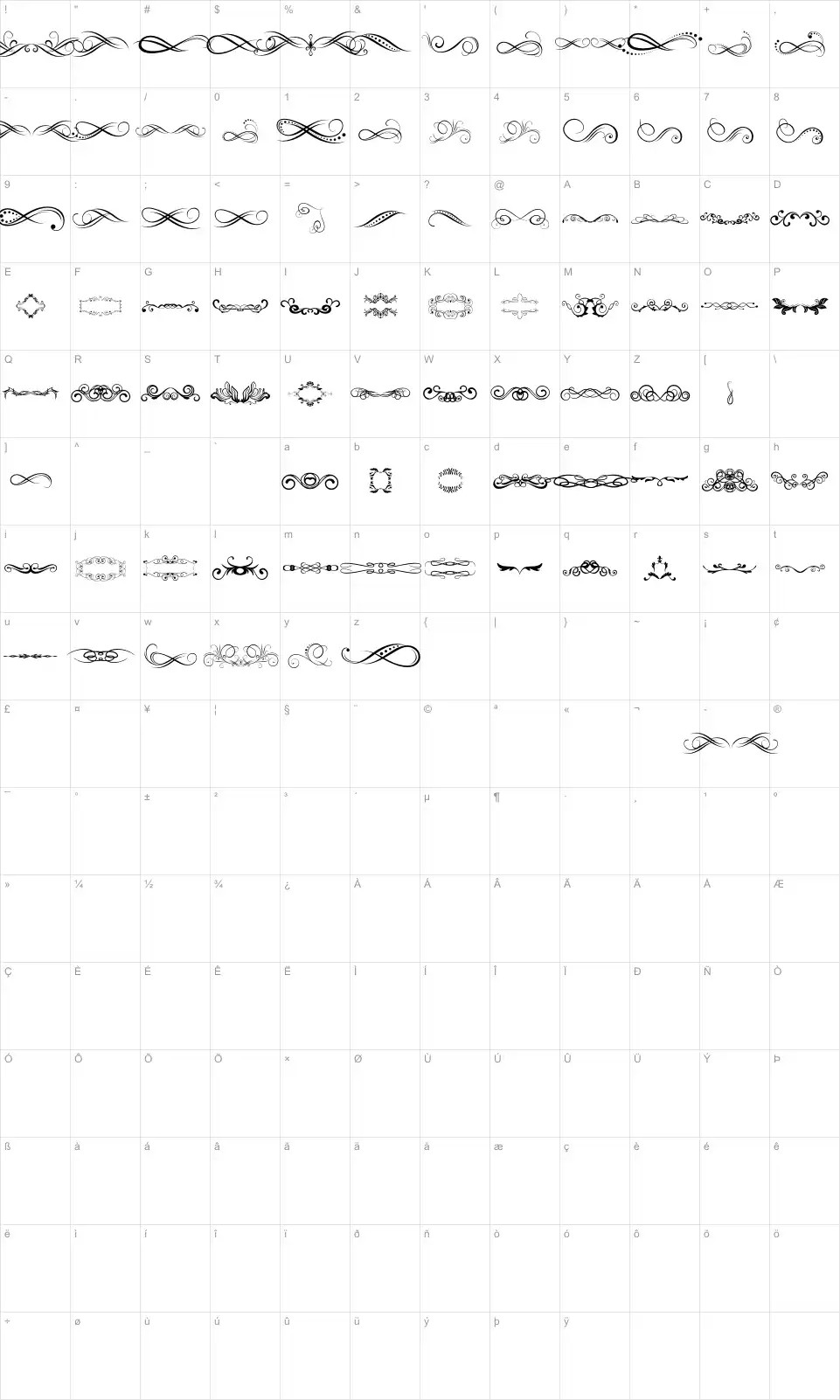 Mapa de caracteres da fonte Another Ornaments TFB