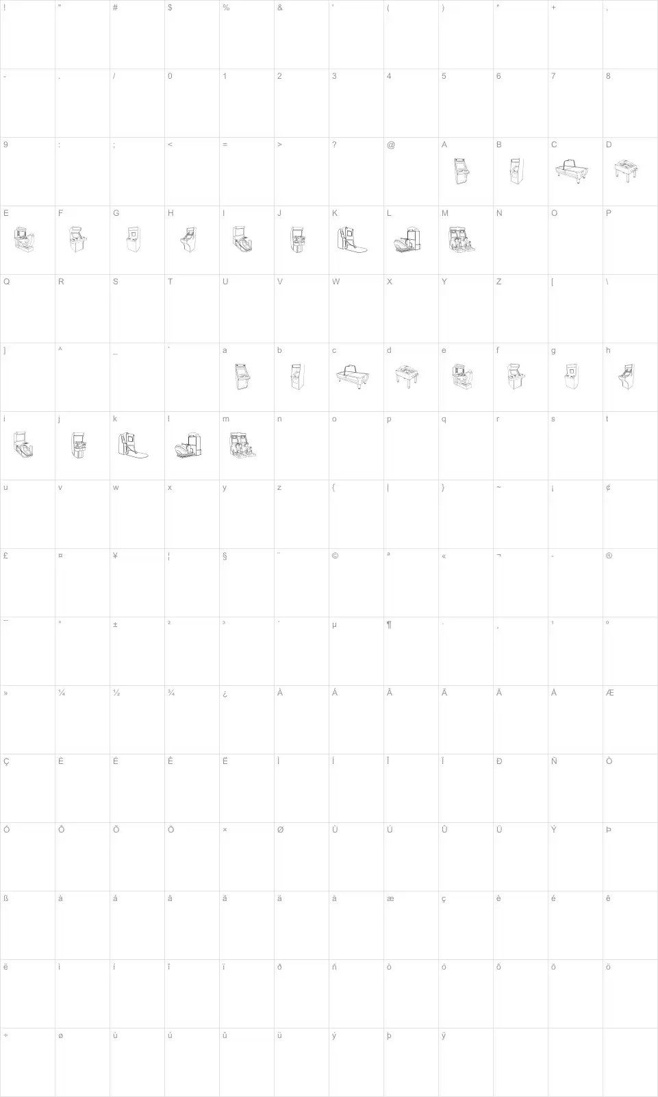Mapa de caracteres da fonte Arcade Video Games