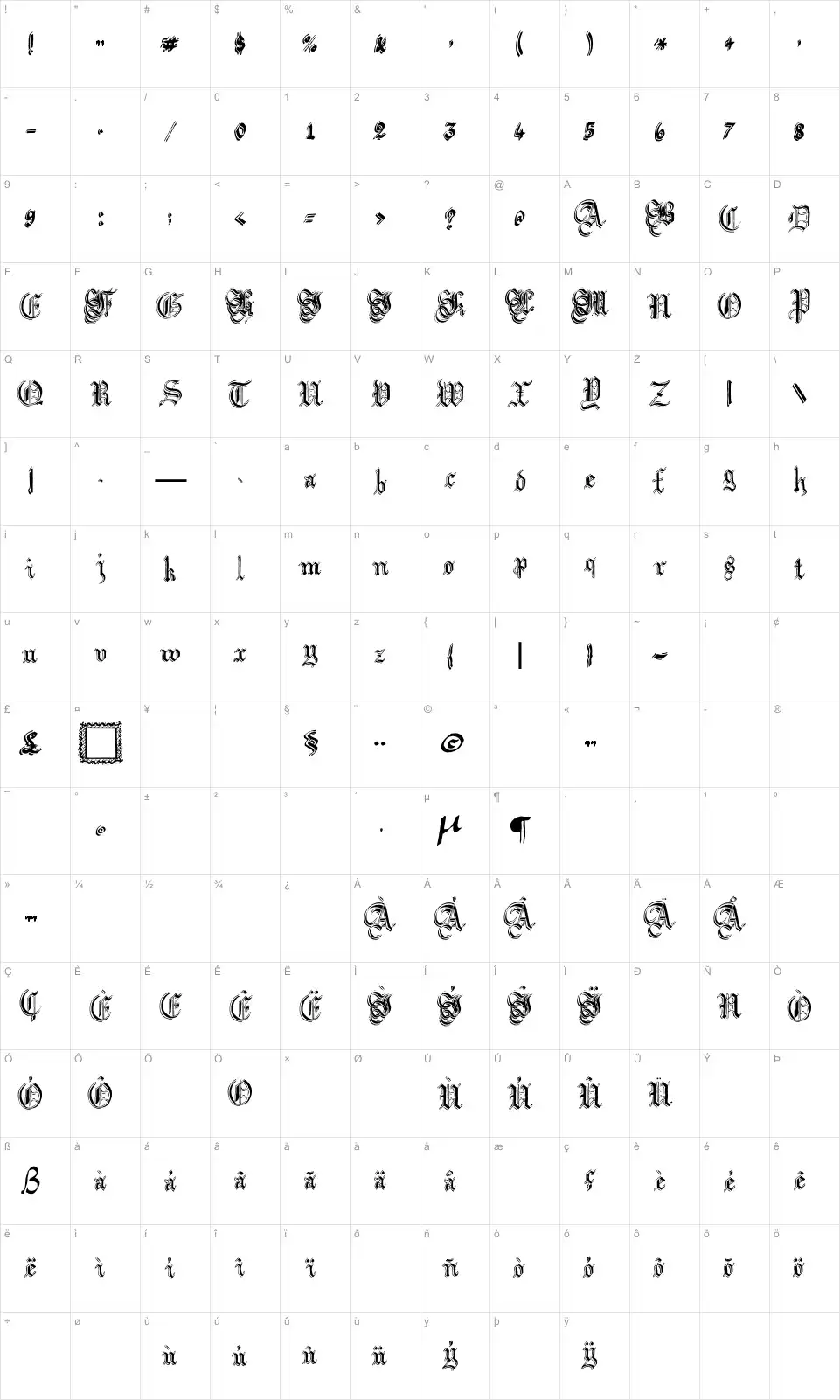 Mapa de caracteres da fonte Argor Flahm Scaqh