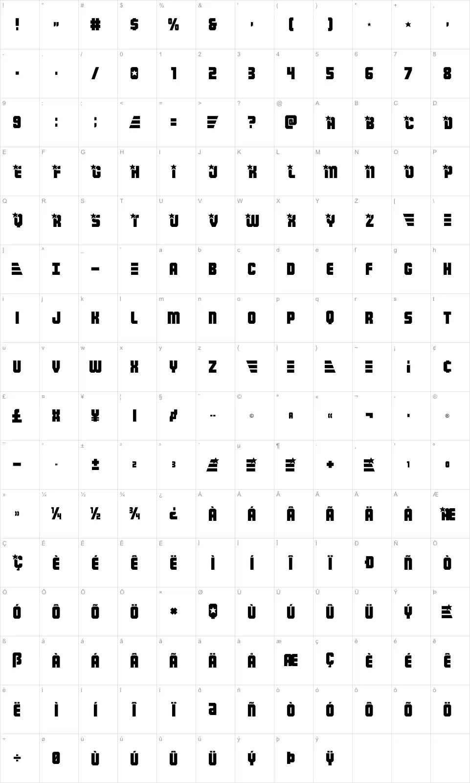 Mapa de caracteres da fonte Army Rangers