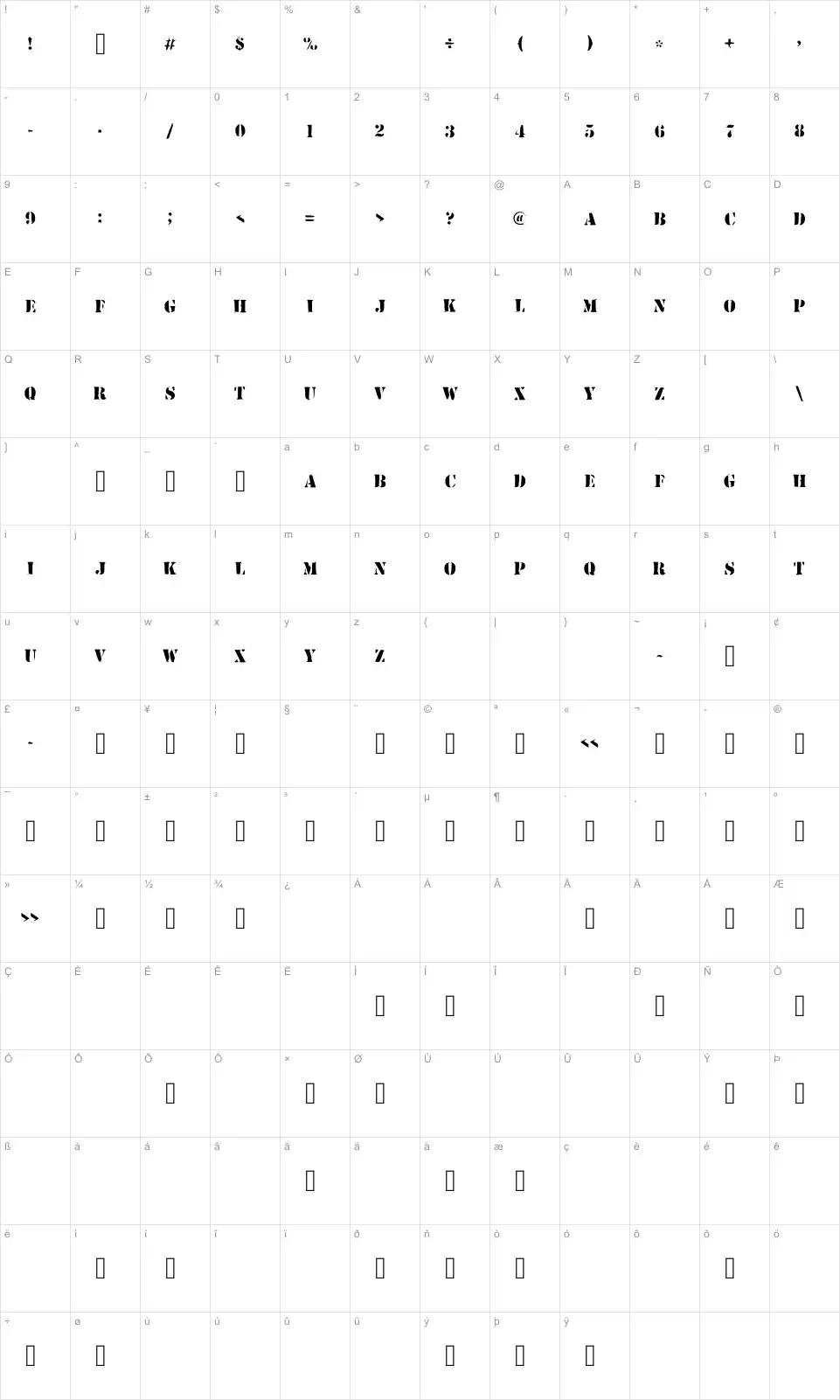 Mapa de caracteres da fonte Army Stamp