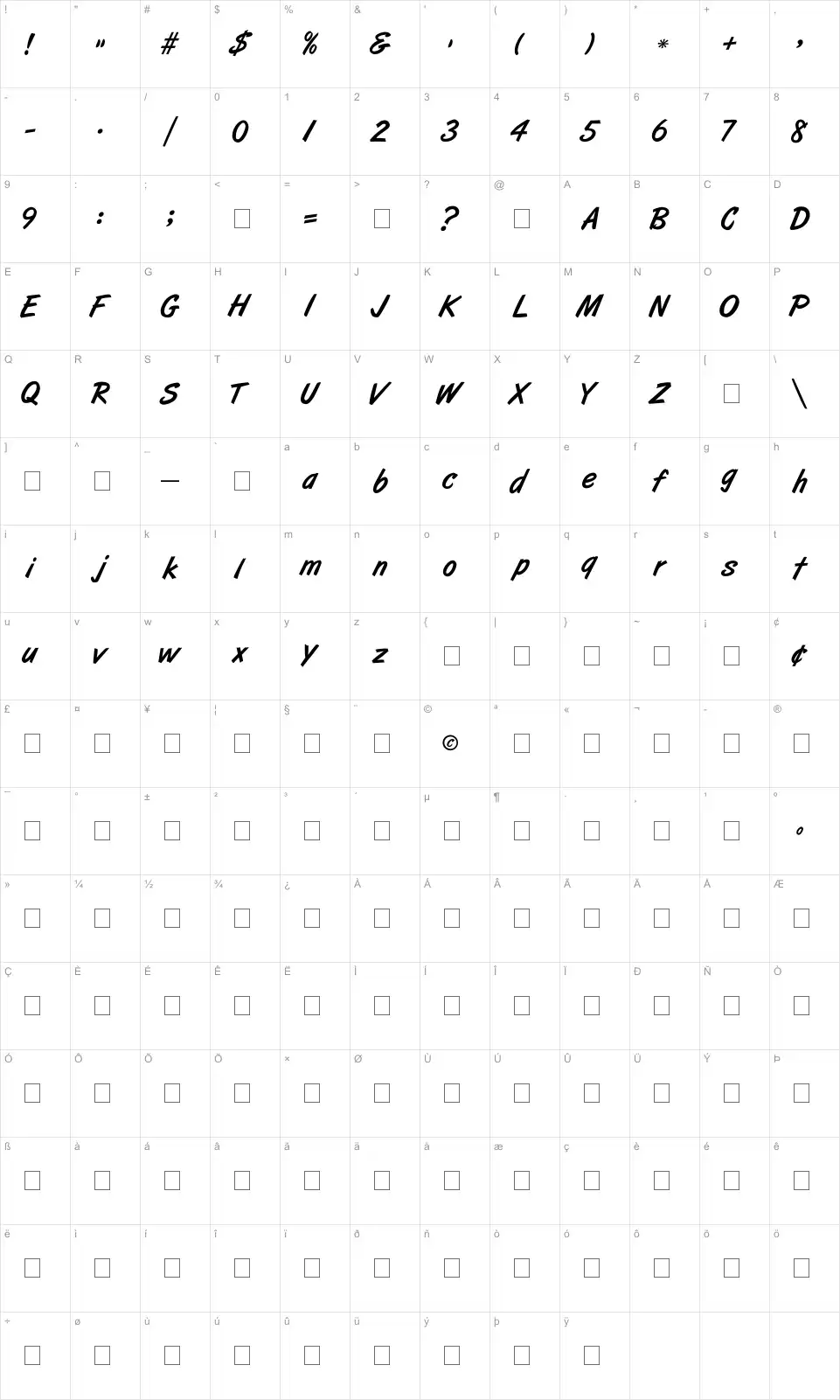 Mapa de caracteres da fonte Art Brush