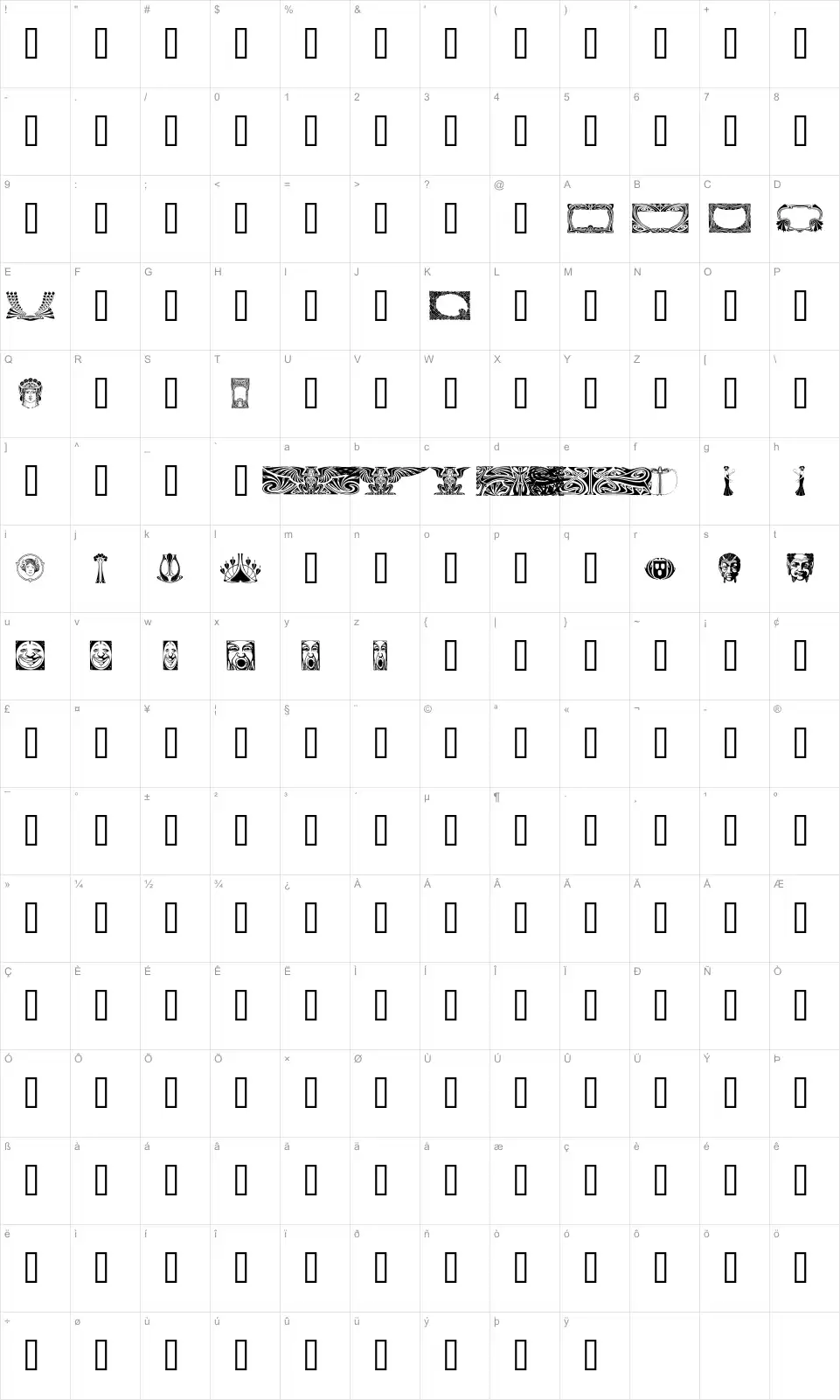 Mapa de caracteres da fonte Art Noveau Headers