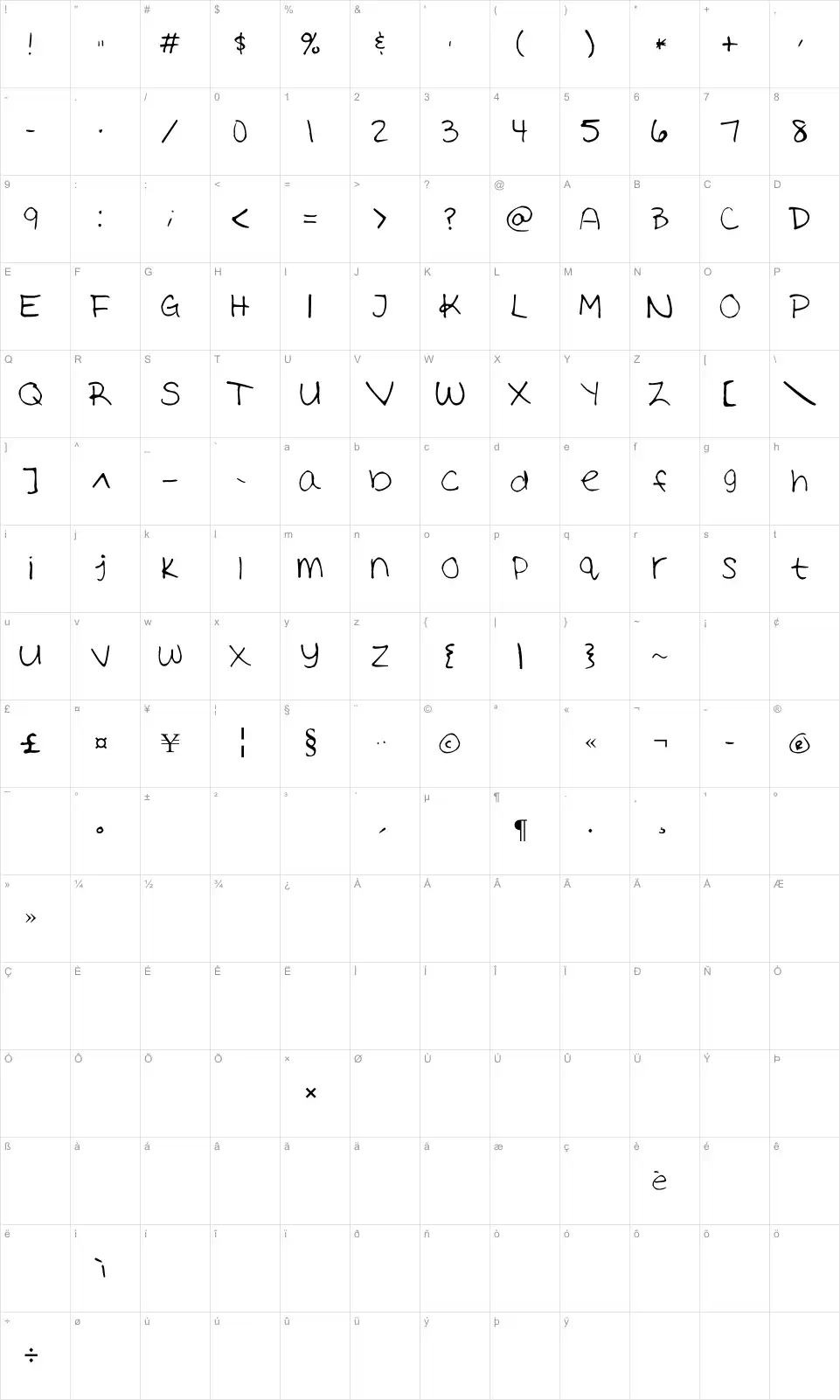 Mapa de caracteres da fonte Ashley's Handwriting