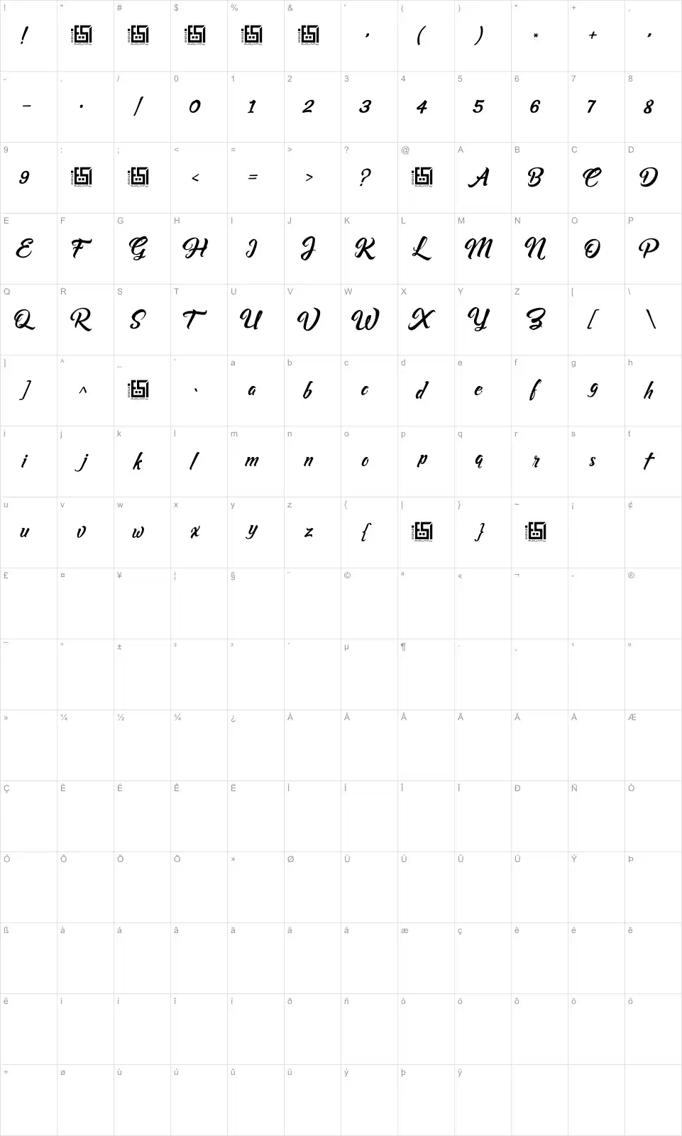 Mapa de caracteres da fonte Asiyah Script