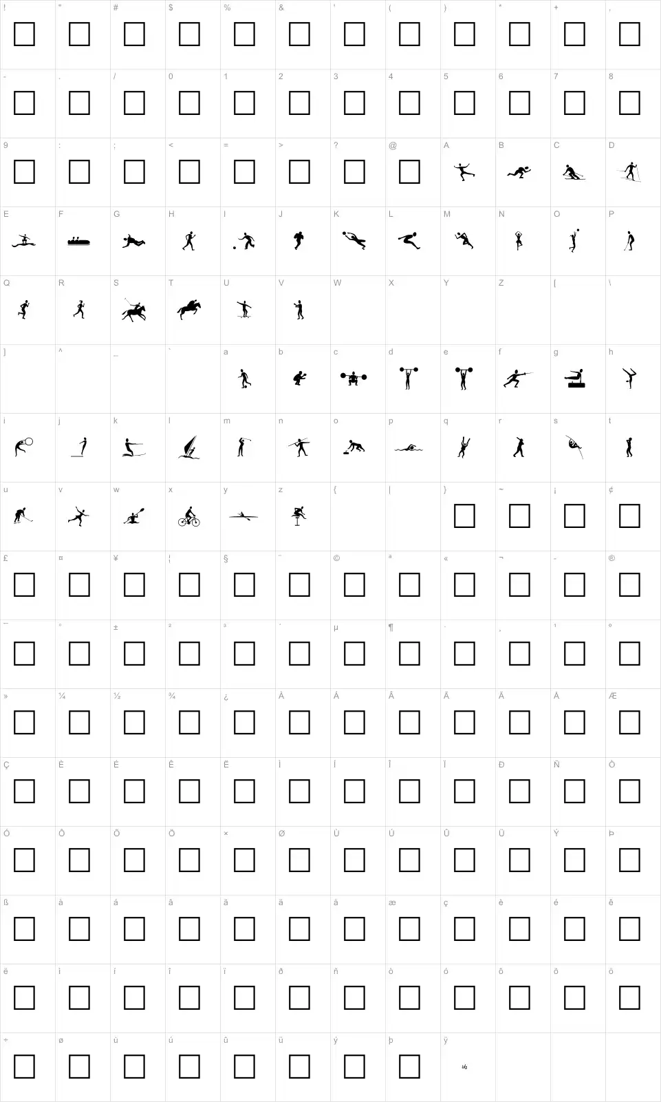 Mapa de caracteres da fonte Athletes