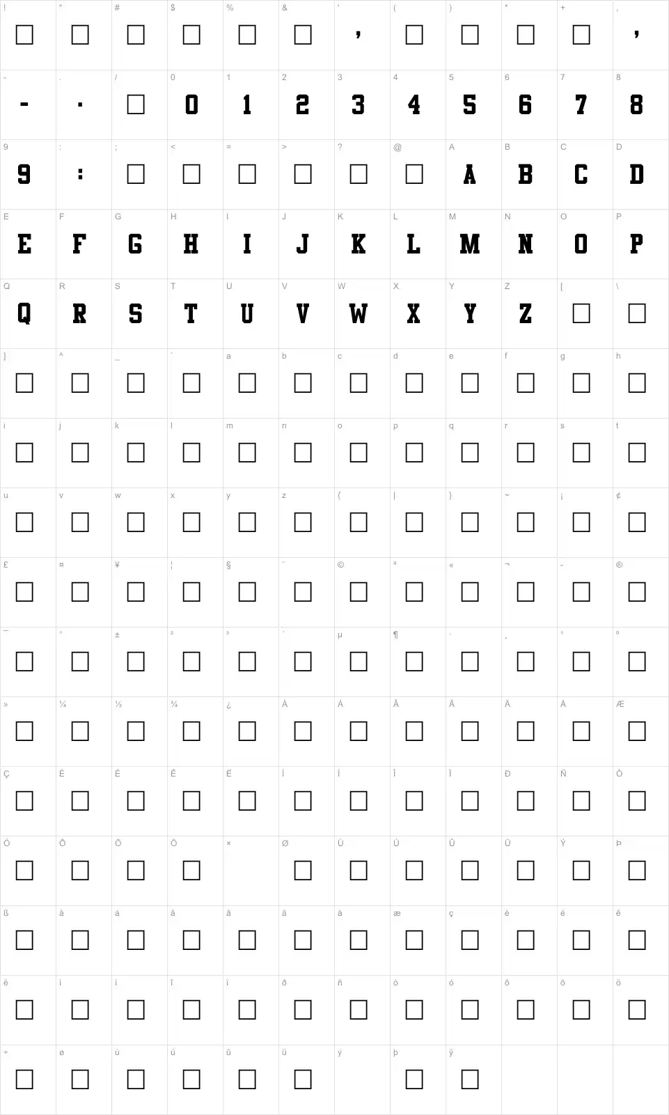 Mapa de caracteres da fonte Athletic