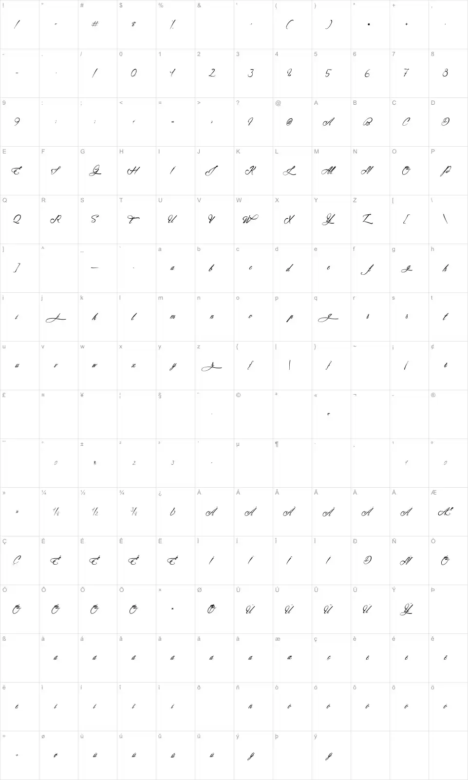 Mapa de caracteres da fonte Atlantide Starlight