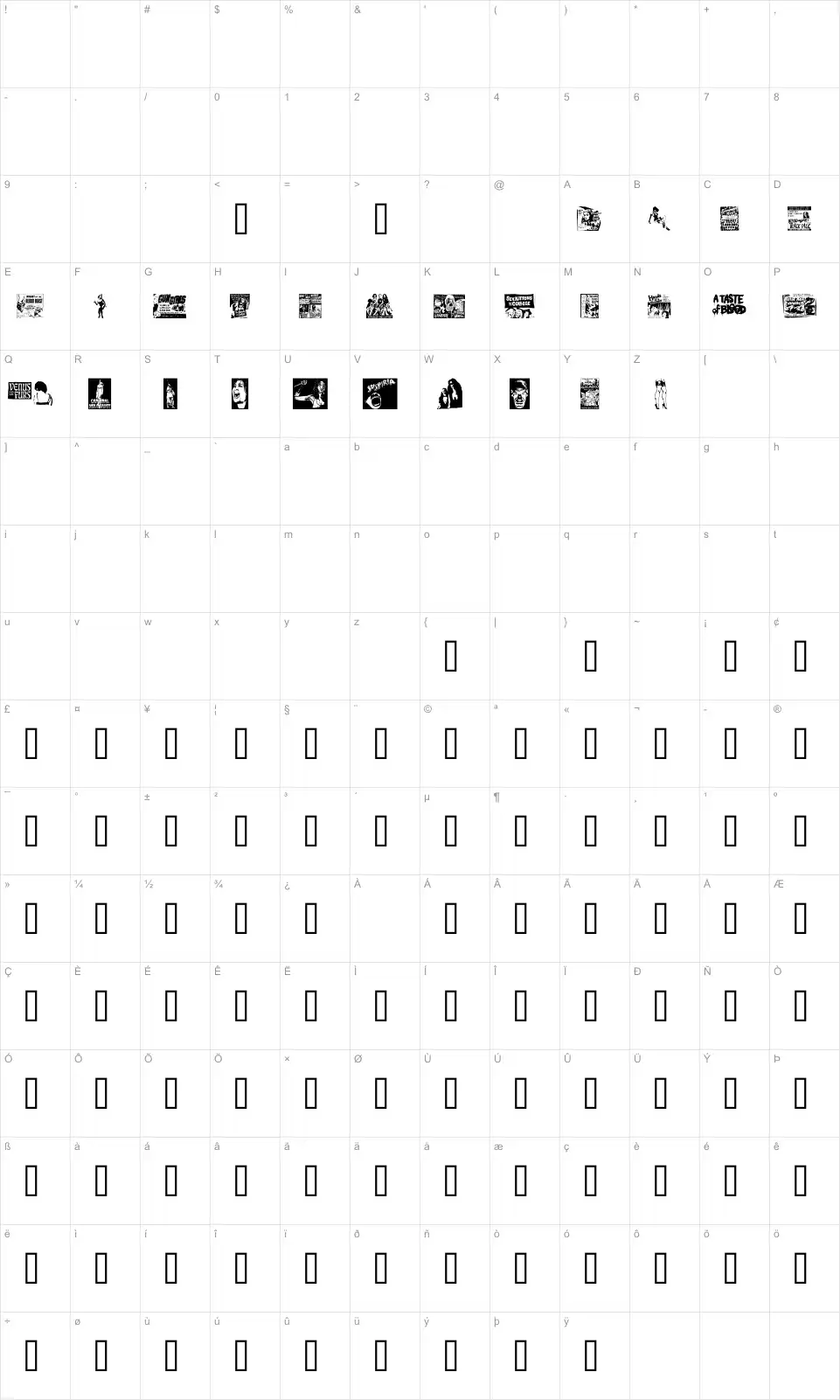 Mapa de caracteres da fonte B Movie Dings
