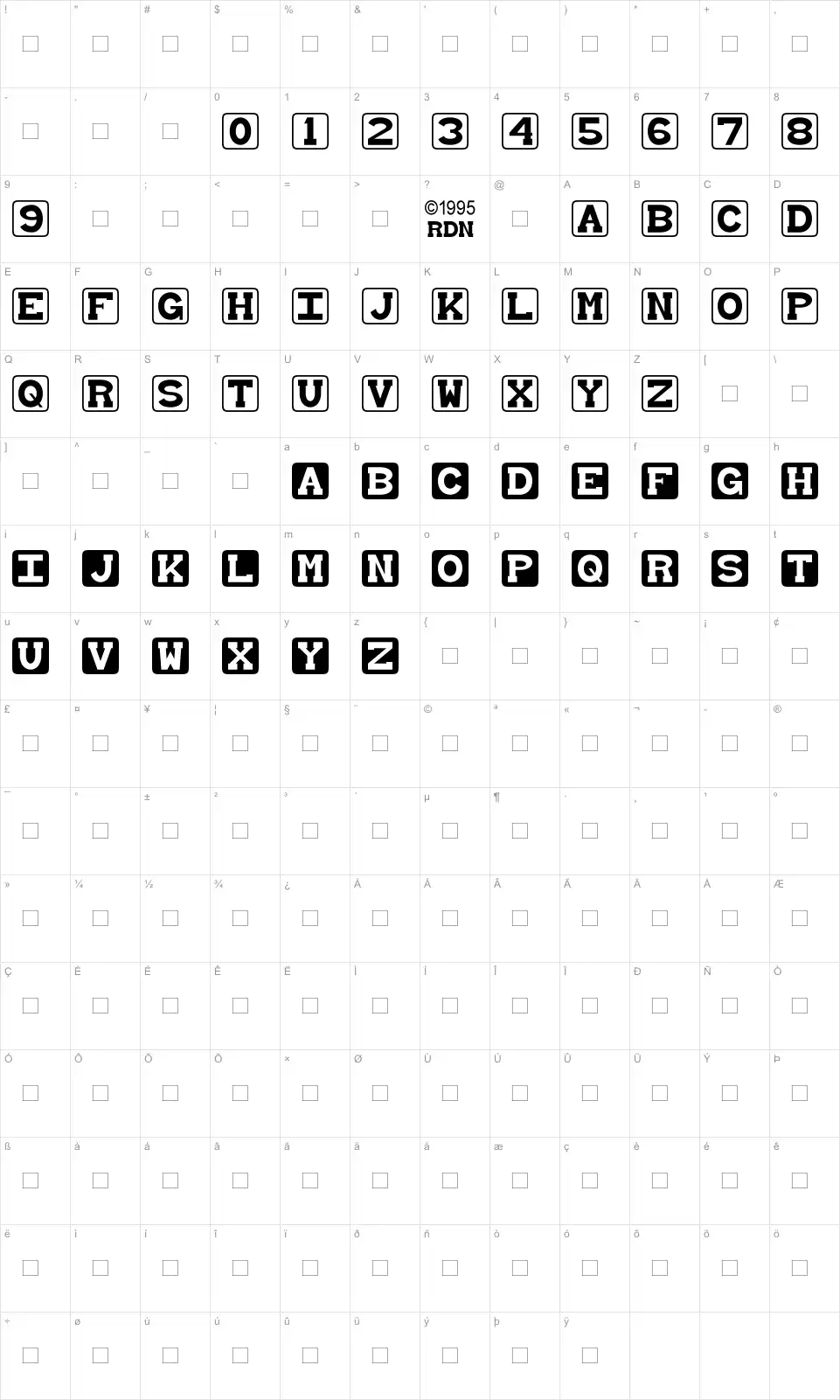 Mapa de caracteres da fonte Baby Blocks