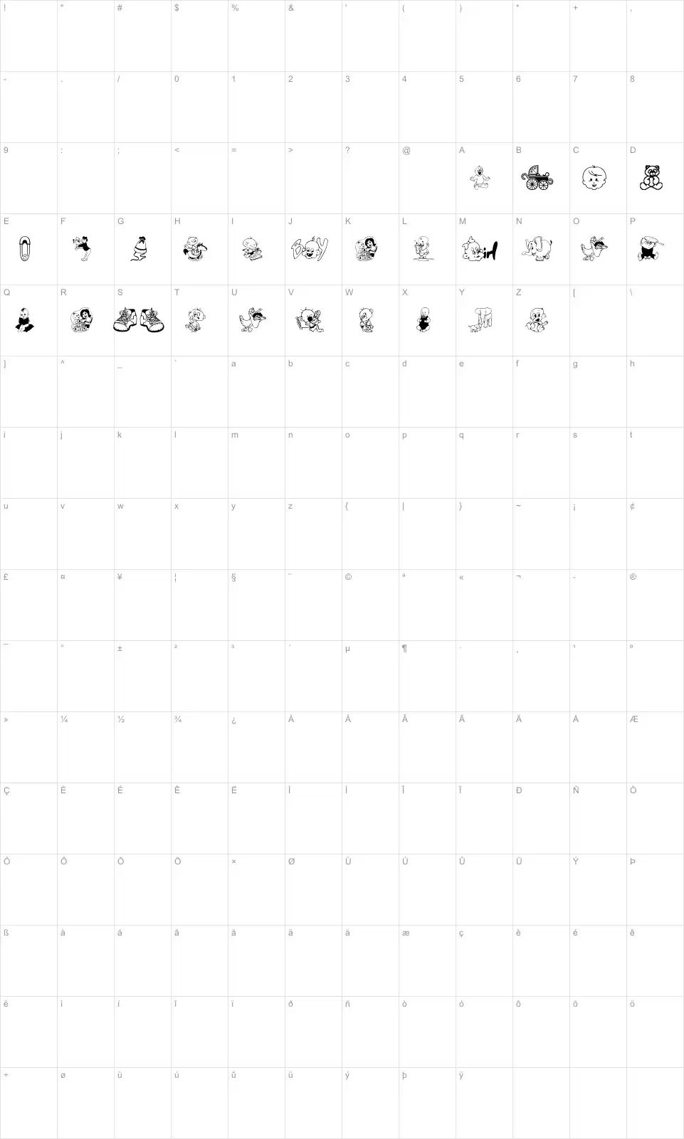 Mapa de caracteres da fonte Baby CSP