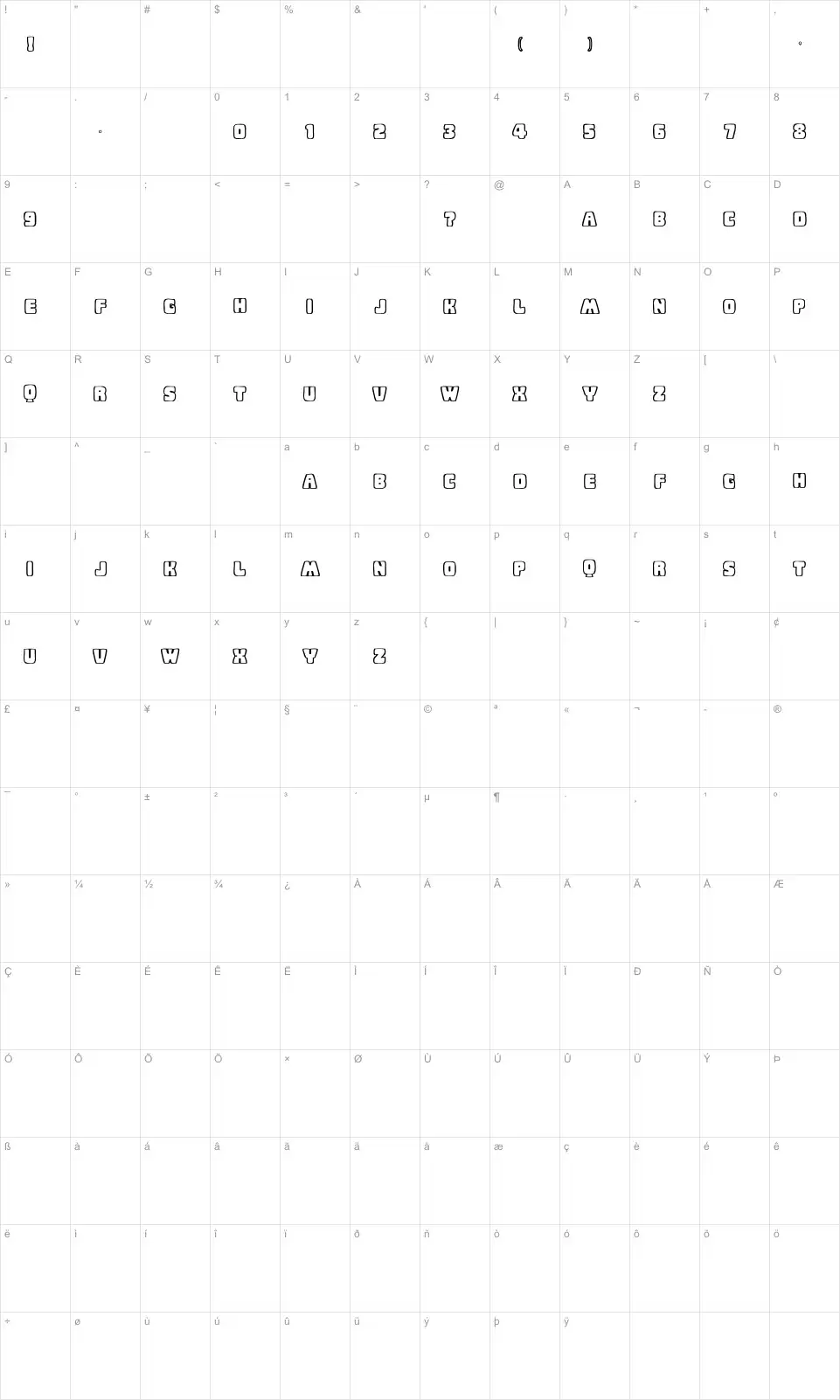 Mapa de caracteres da fonte Baby Eskimo Kisses