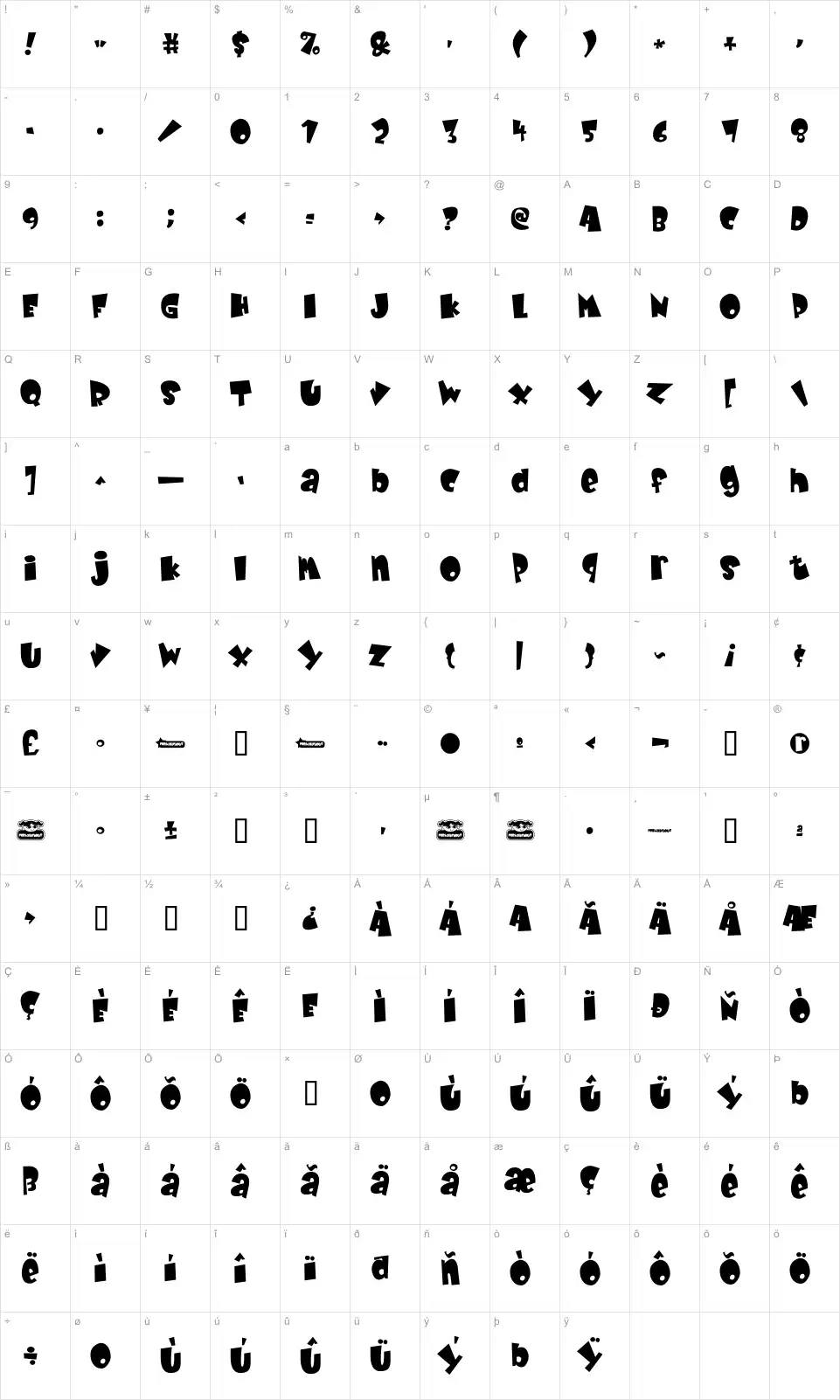 Mapa de caracteres da fonte Baby Kruffy