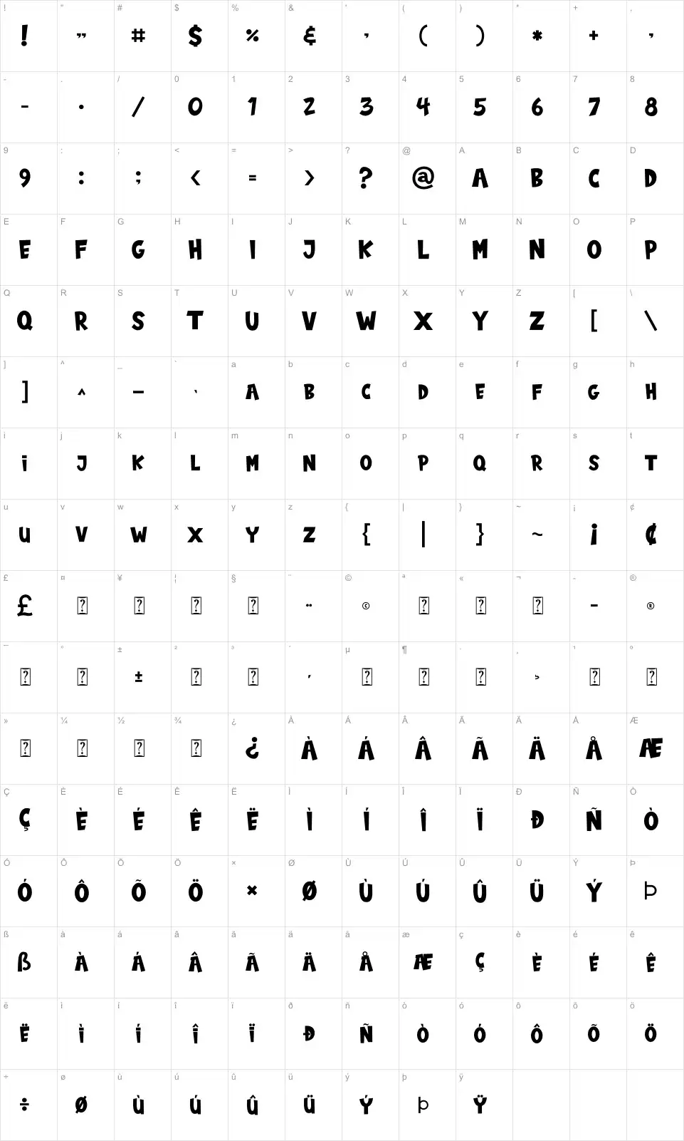 Mapa de caracteres da fonte Baby Monsta