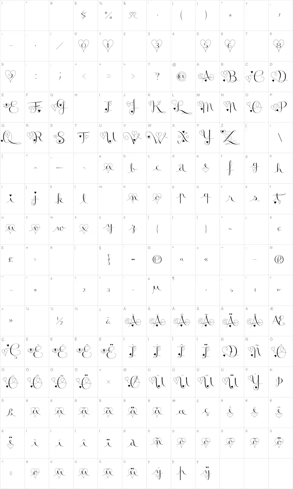 Mapa de caracteres da fonte Badinerie Love