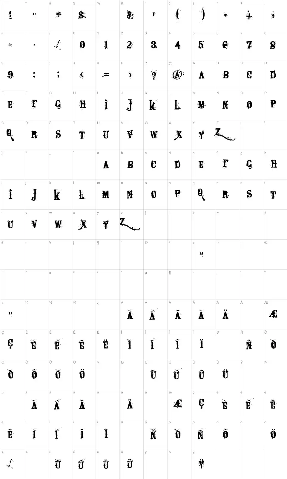 Mapa de caracteres da fonte Bagpack