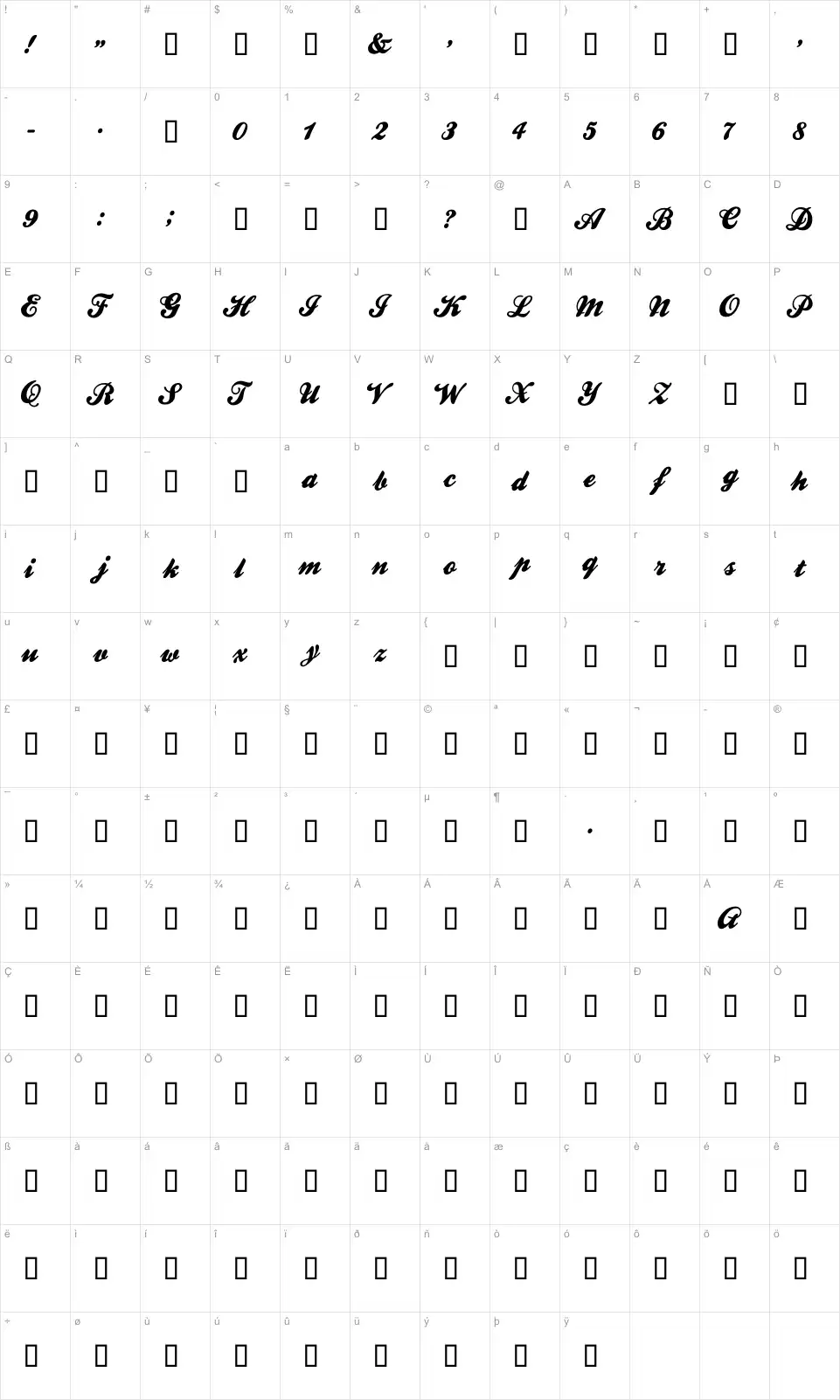 Mapa de caracteres da fonte Ballpark Weiner