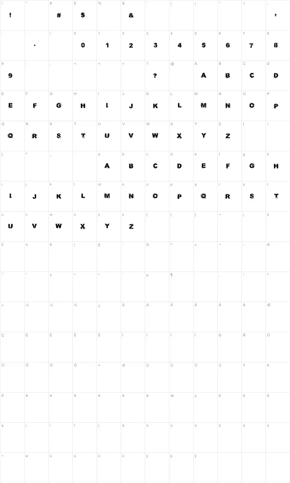 Mapa de caracteres da fonte Bang 4 Ya Buck