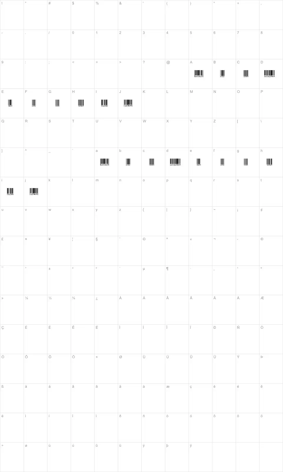 Mapa de caracteres da fonte Barcode