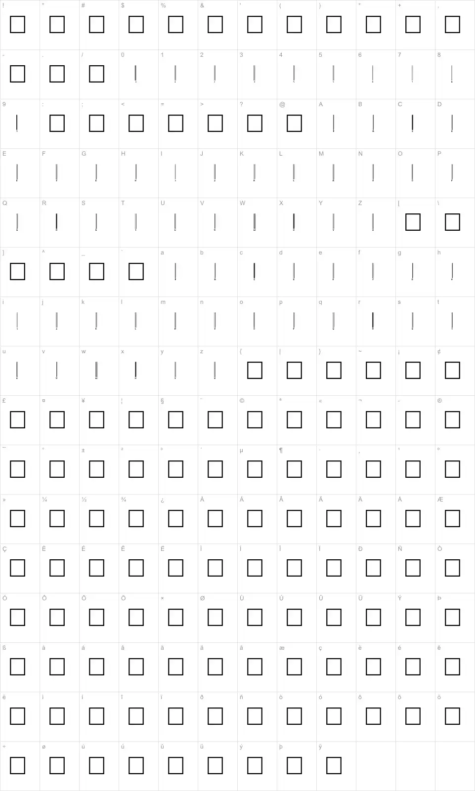 Mapa de caracteres da fonte Barcoding