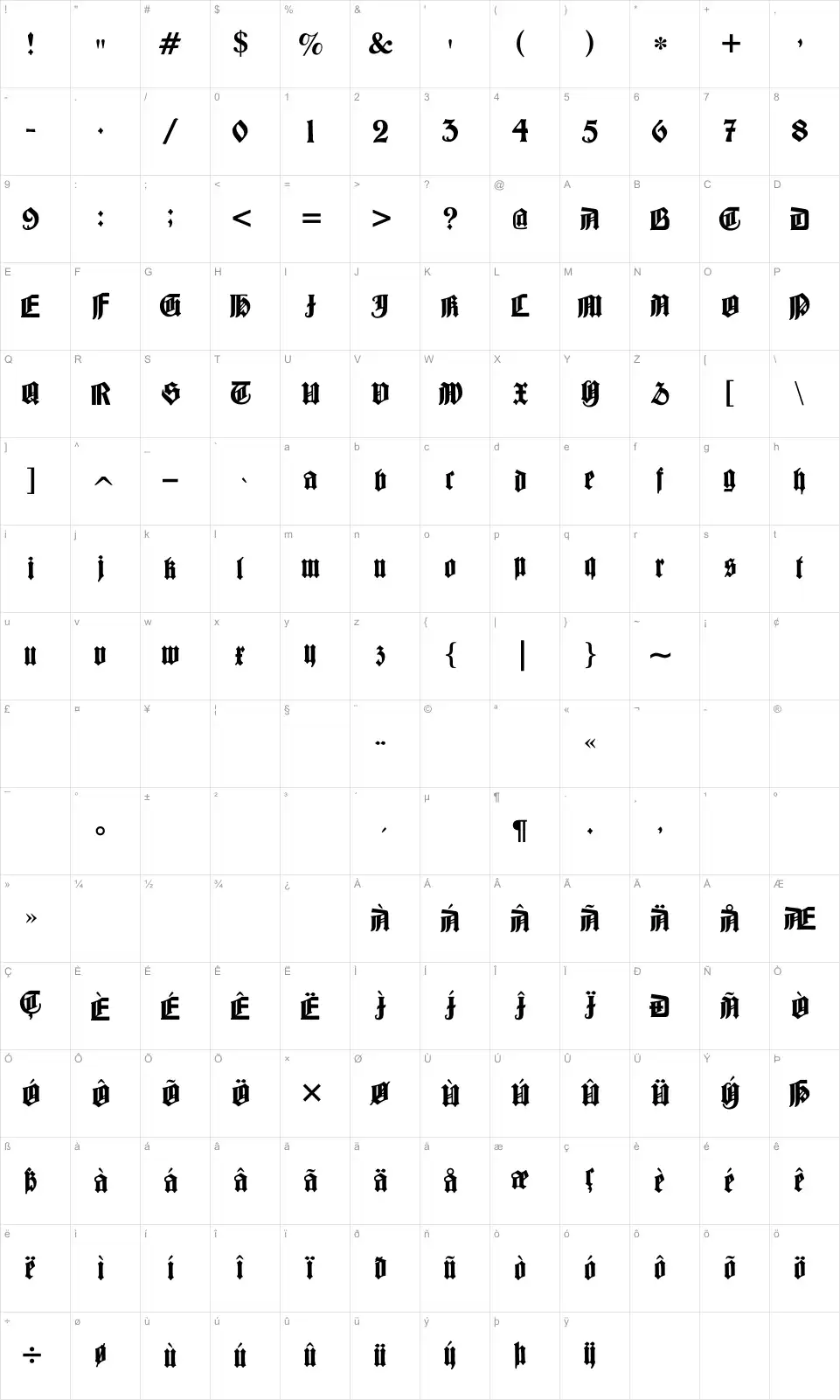 Mapa de caracteres da fonte Barloesius Schrift