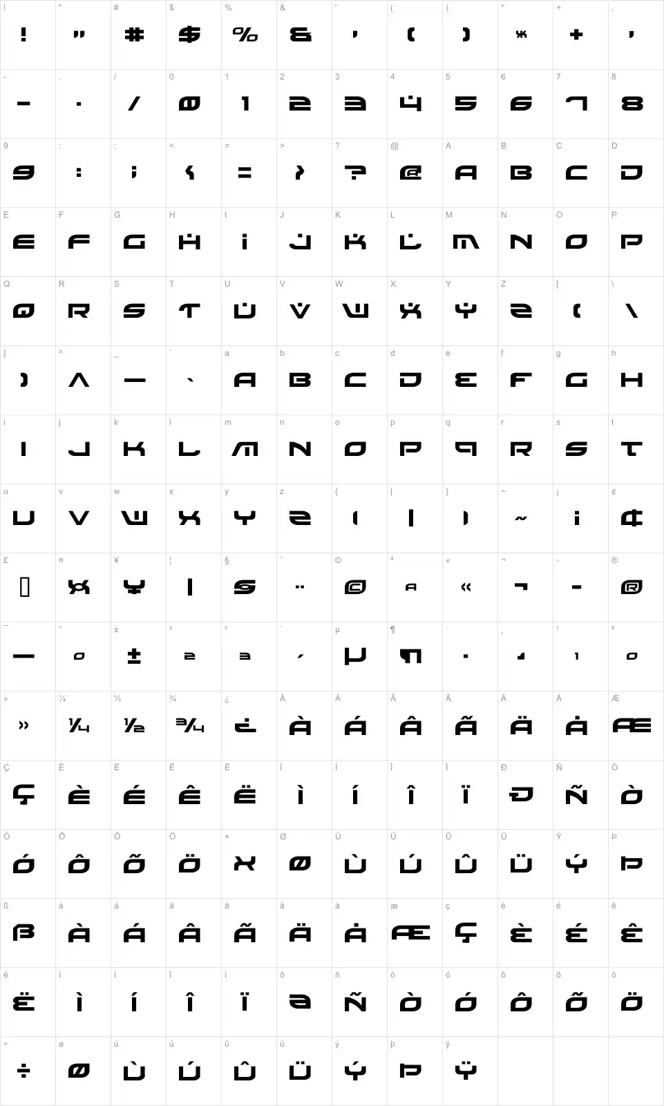 Mapa de caracteres da fonte Battlefield