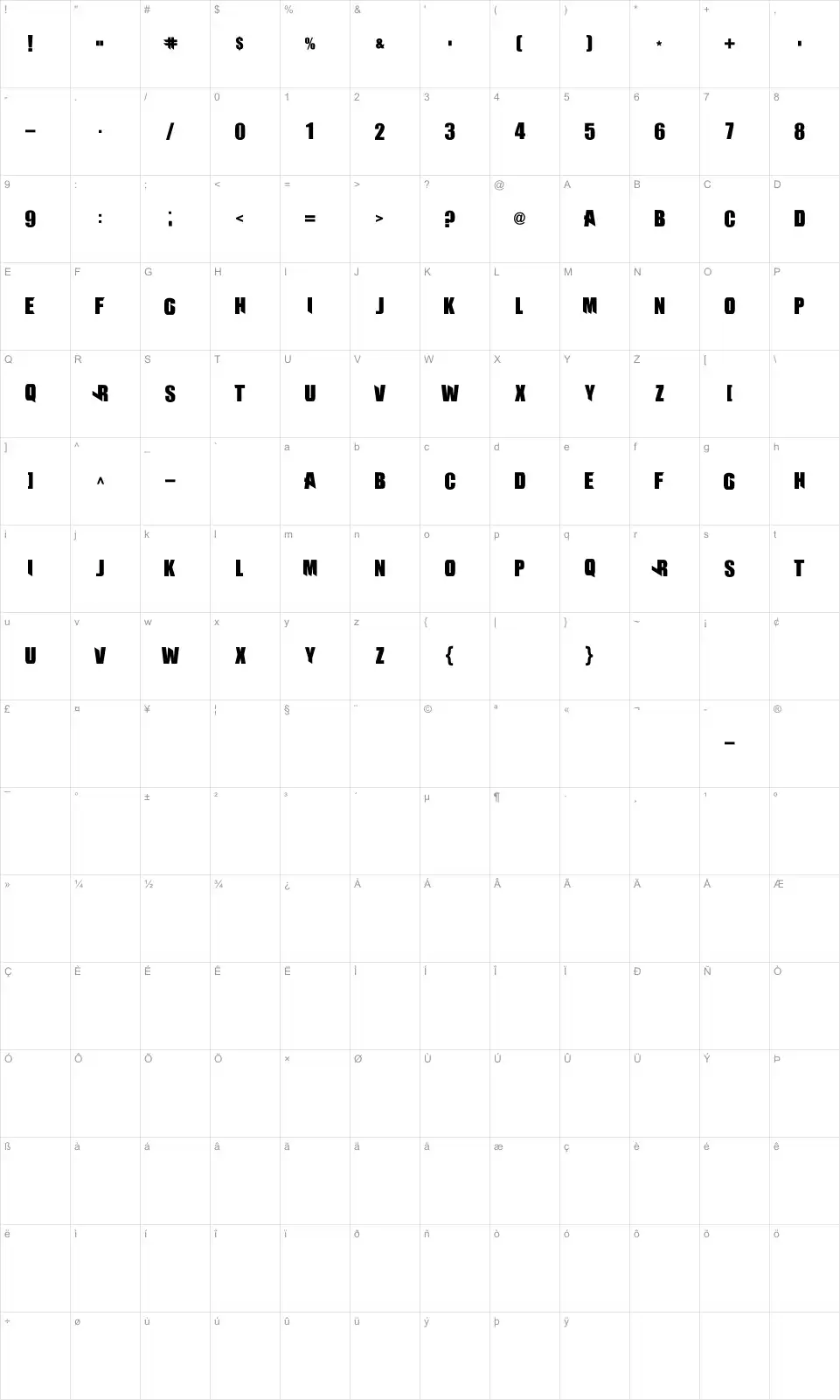 Mapa de caracteres da fonte Battleground