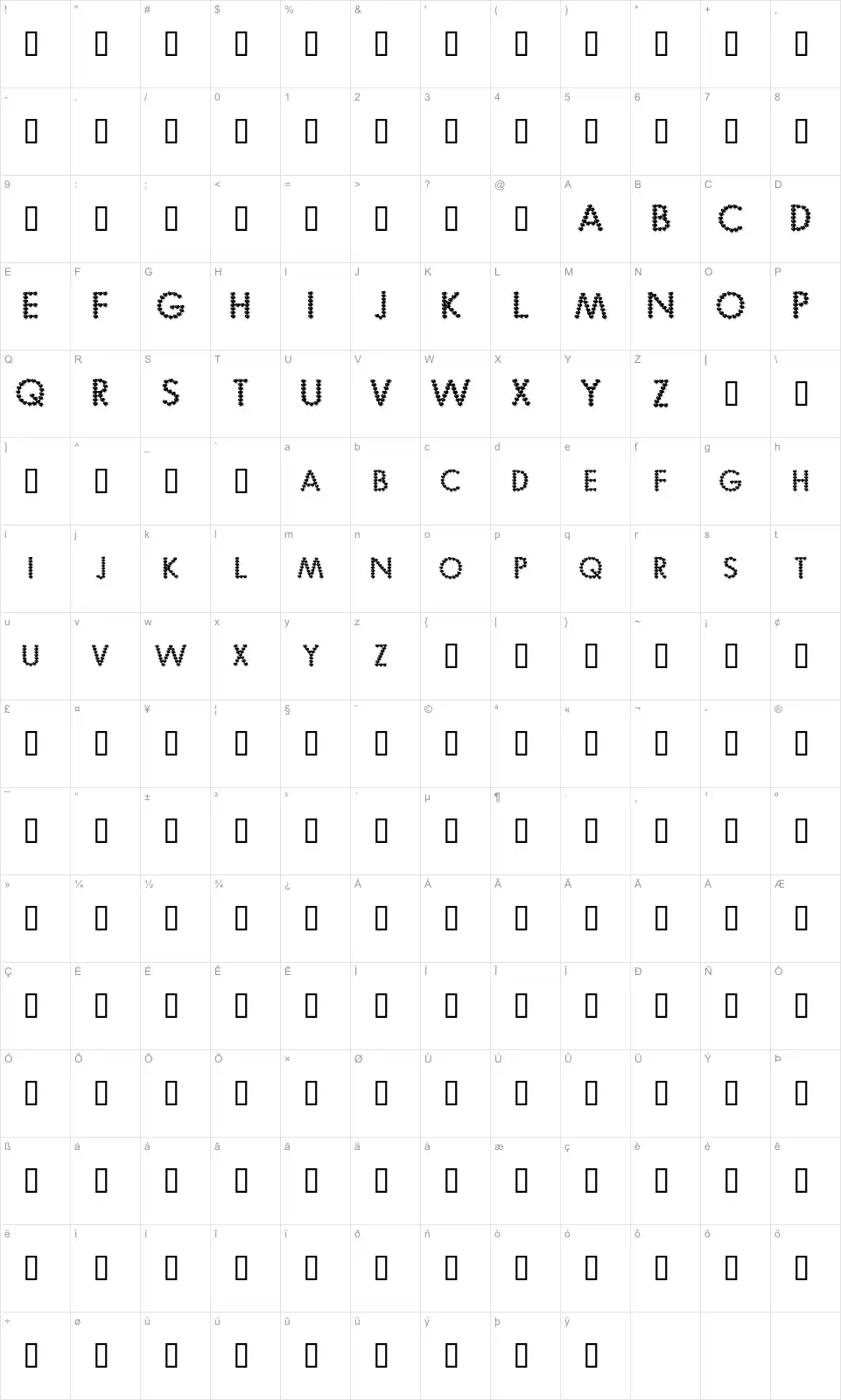 Mapa de caracteres da fonte Be My Valentine