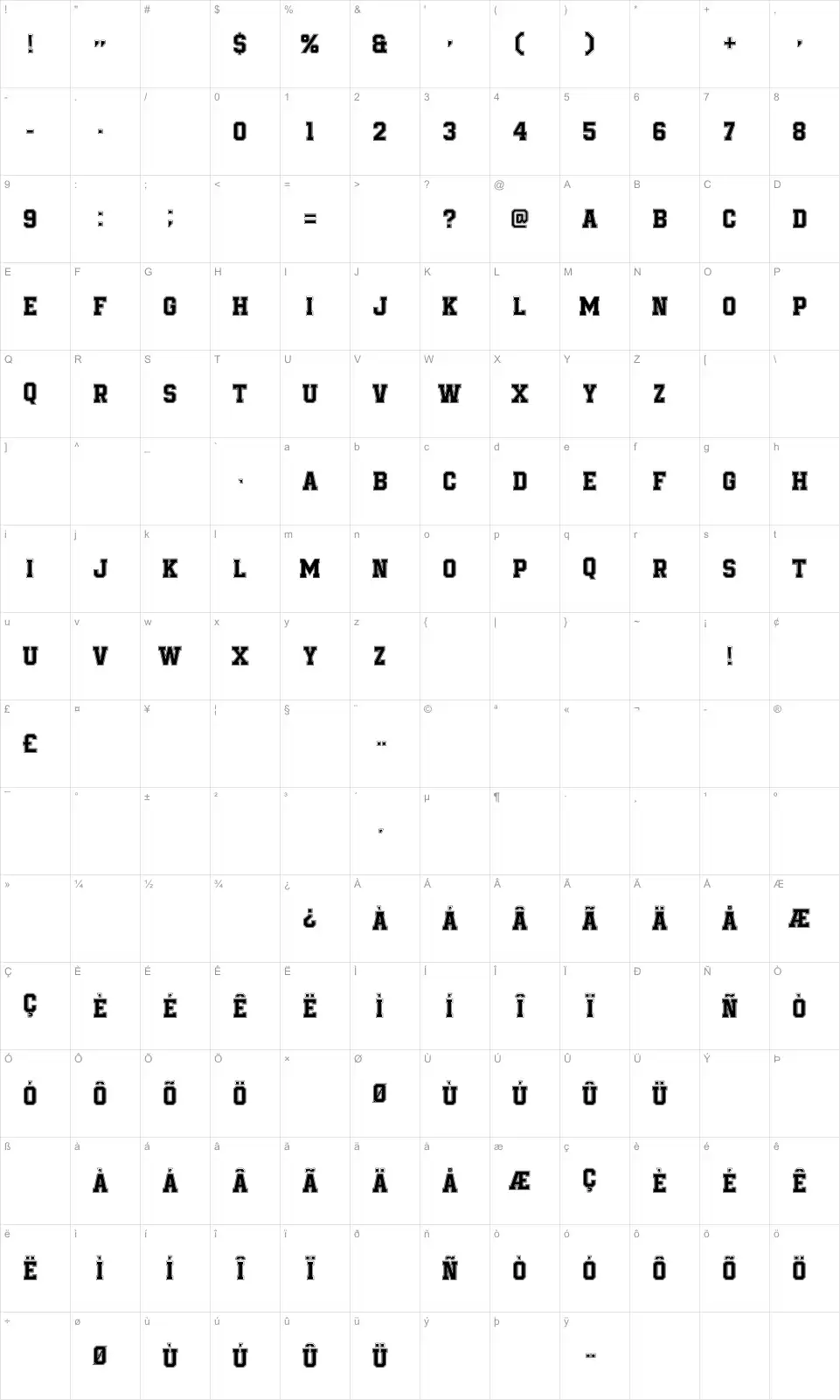 Mapa de caracteres da fonte Be True To Your School