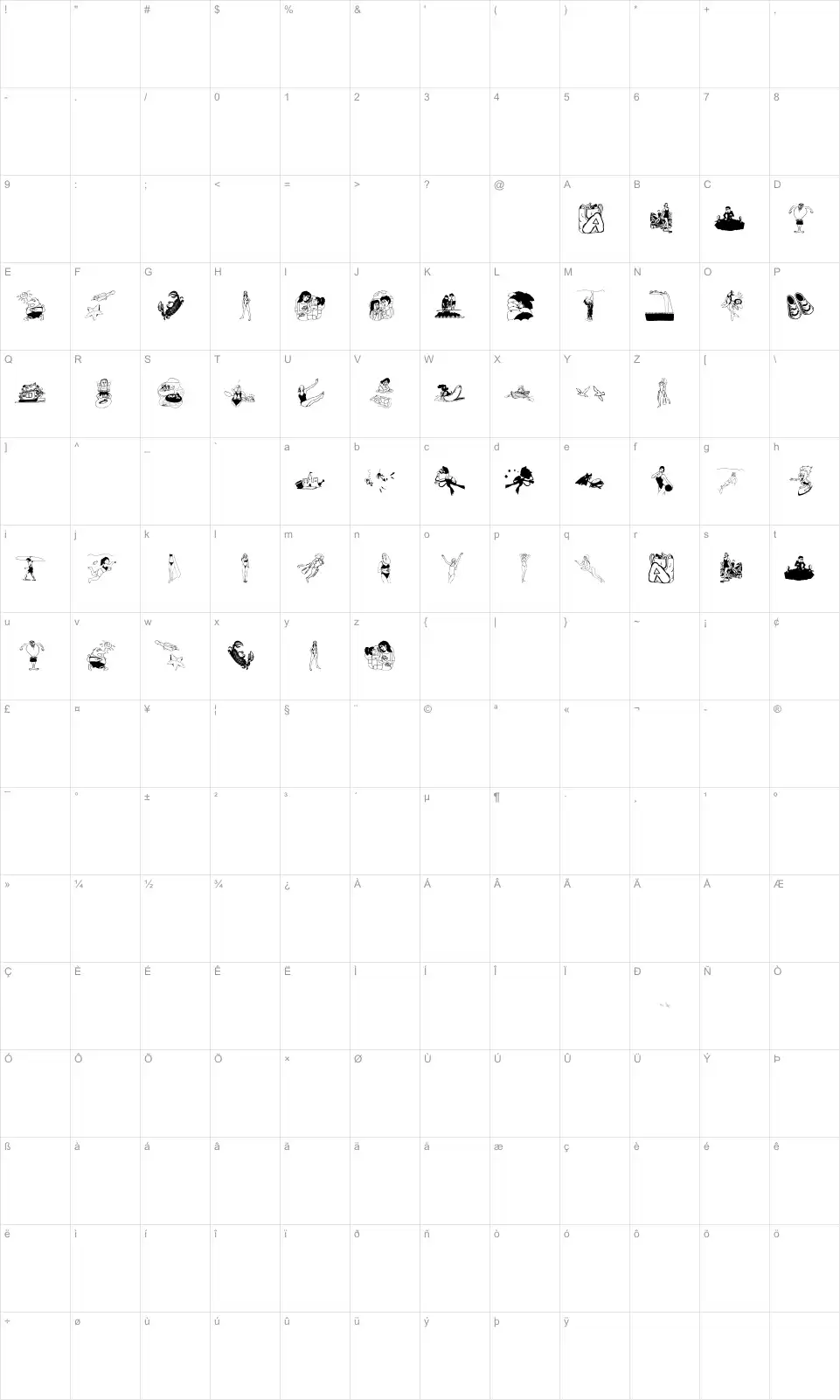 Mapa de caracteres da fonte Beach Bats
