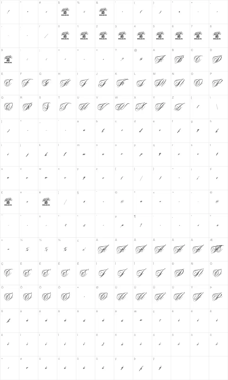 Mapa de caracteres da fonte Beaked Tyrant