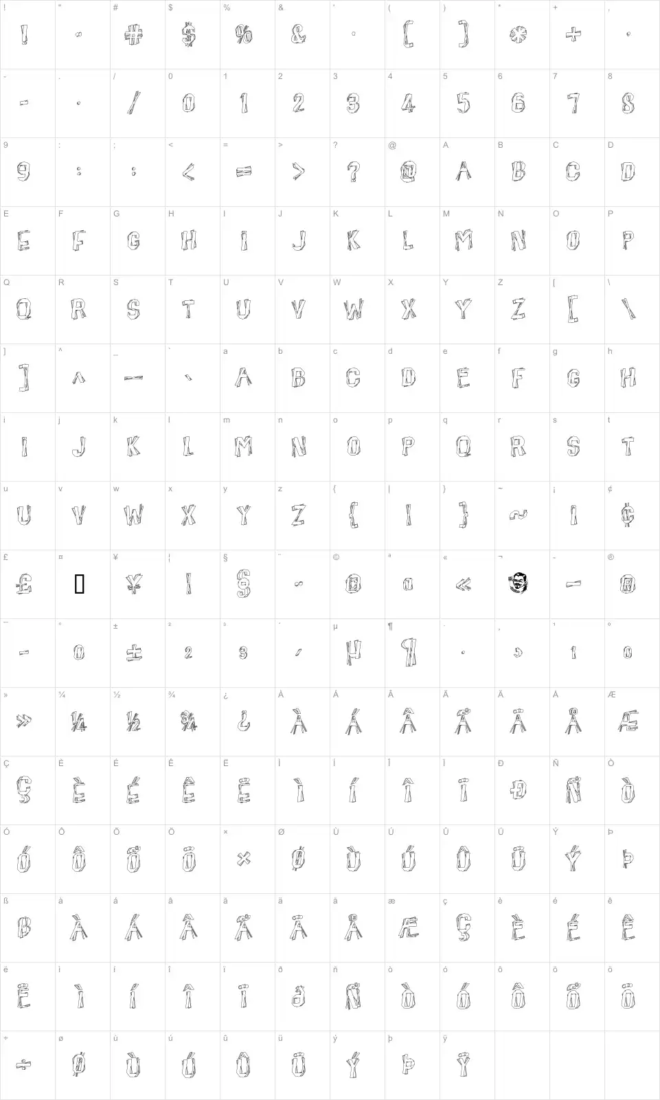 Mapa de caracteres da fonte Beatnik Hayseed