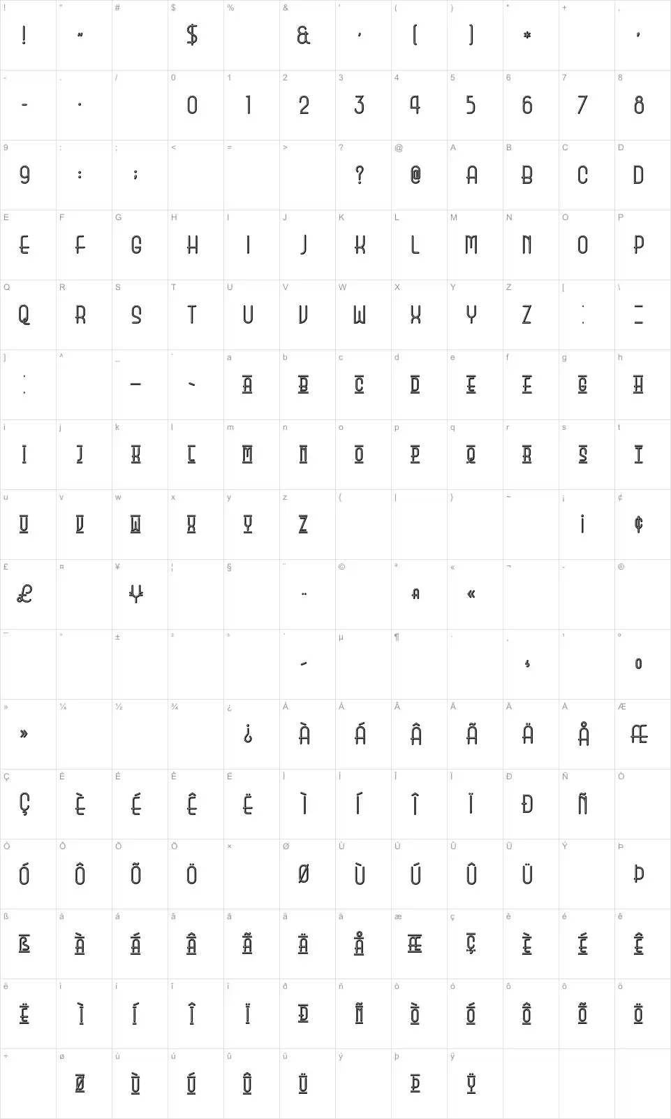 Mapa de caracteres da fonte Beauty School Dropout II