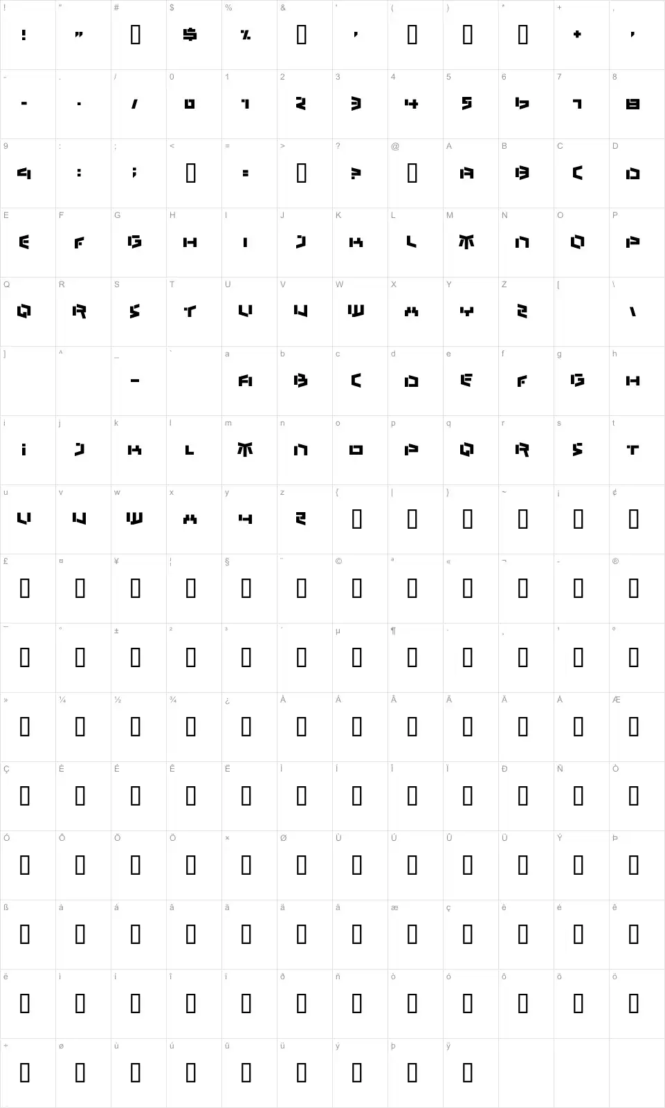 Mapa de caracteres da fonte Bedlam Remix