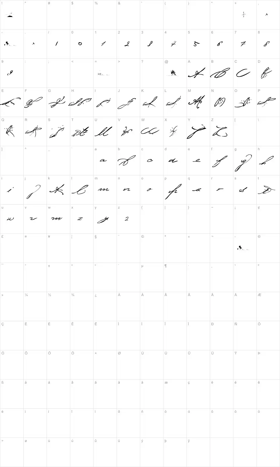 Mapa de caracteres da fonte Bedtime Stories