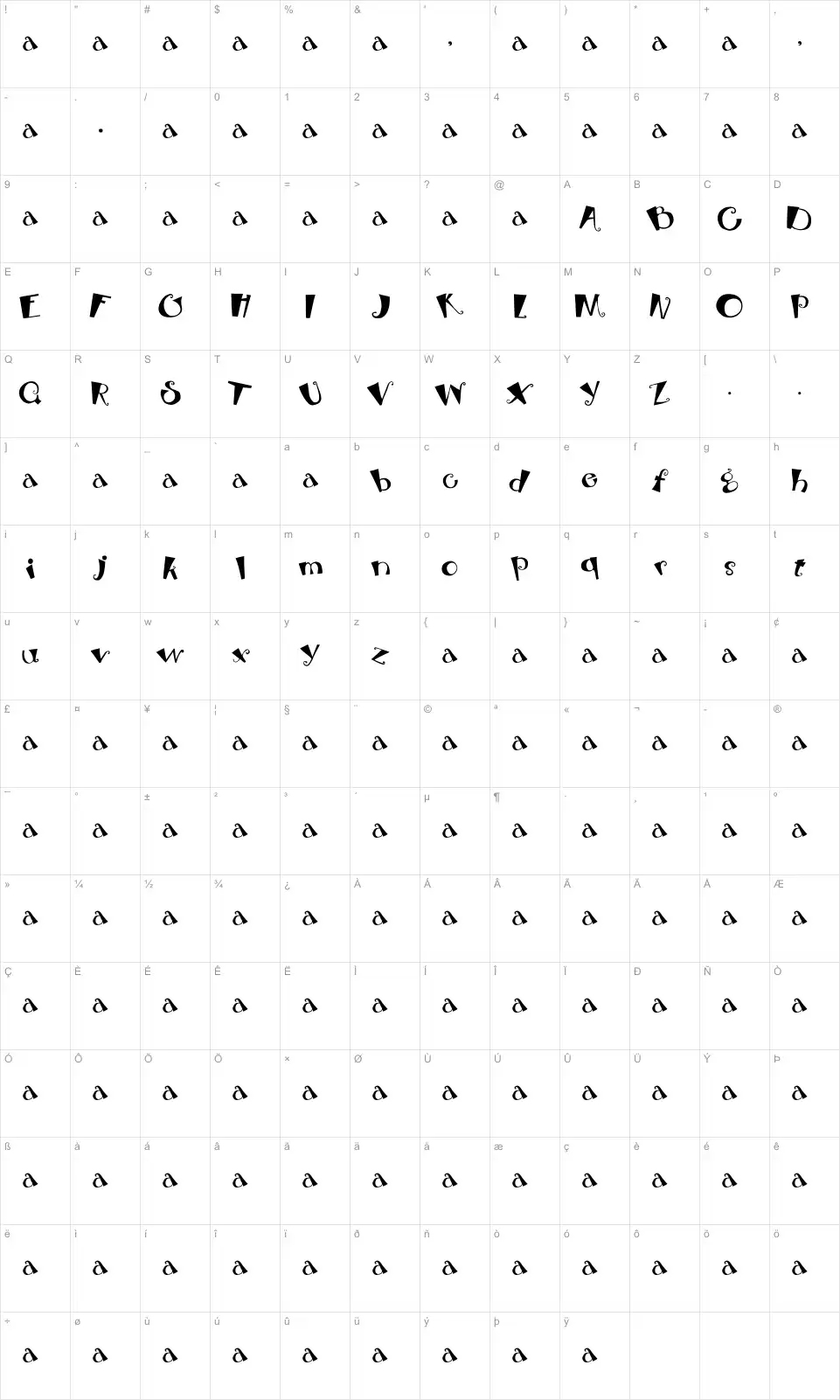 Mapa de caracteres da fonte Beebop