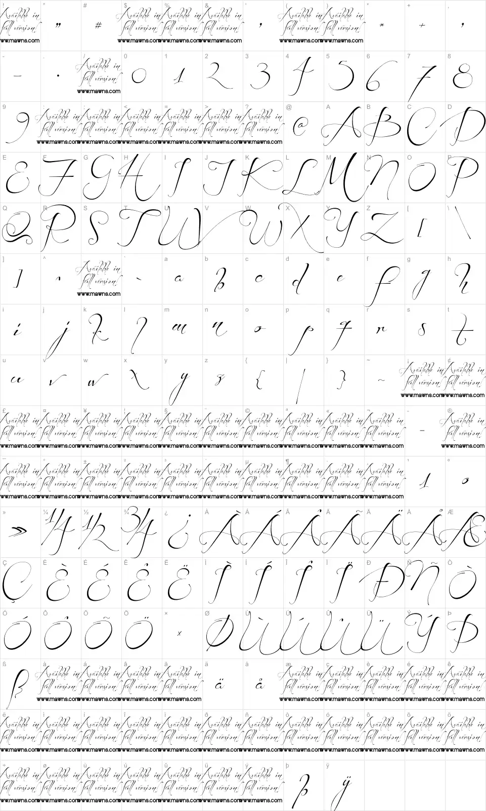 Mapa de caracteres da fonte Before the Rain