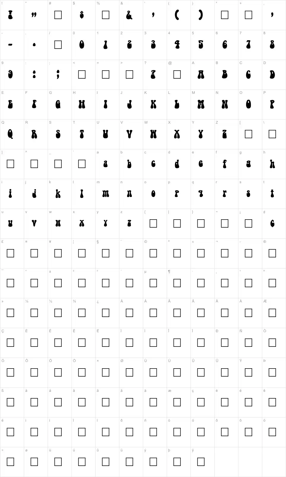 Mapa de caracteres da fonte Bell Bottom Laser