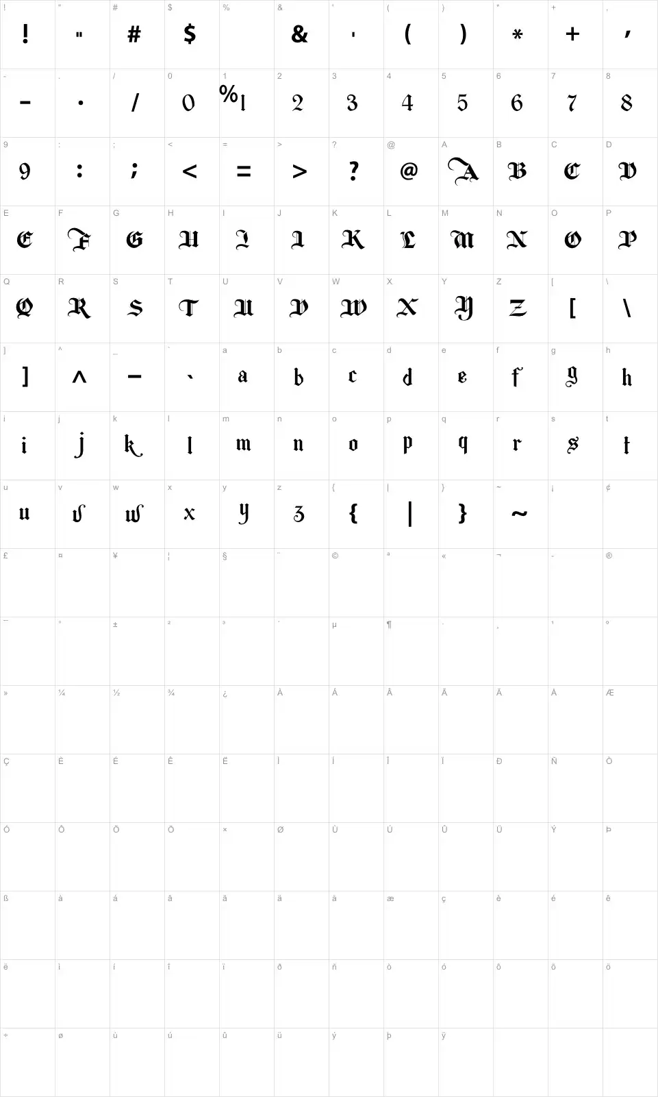 Mapa de caracteres da fonte Berkahi Blackletter