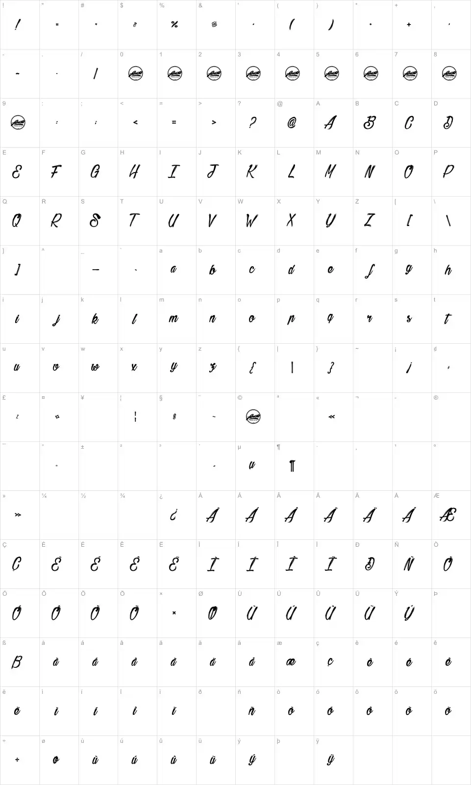 Mapa de caracteres da fonte Bethanie Snake